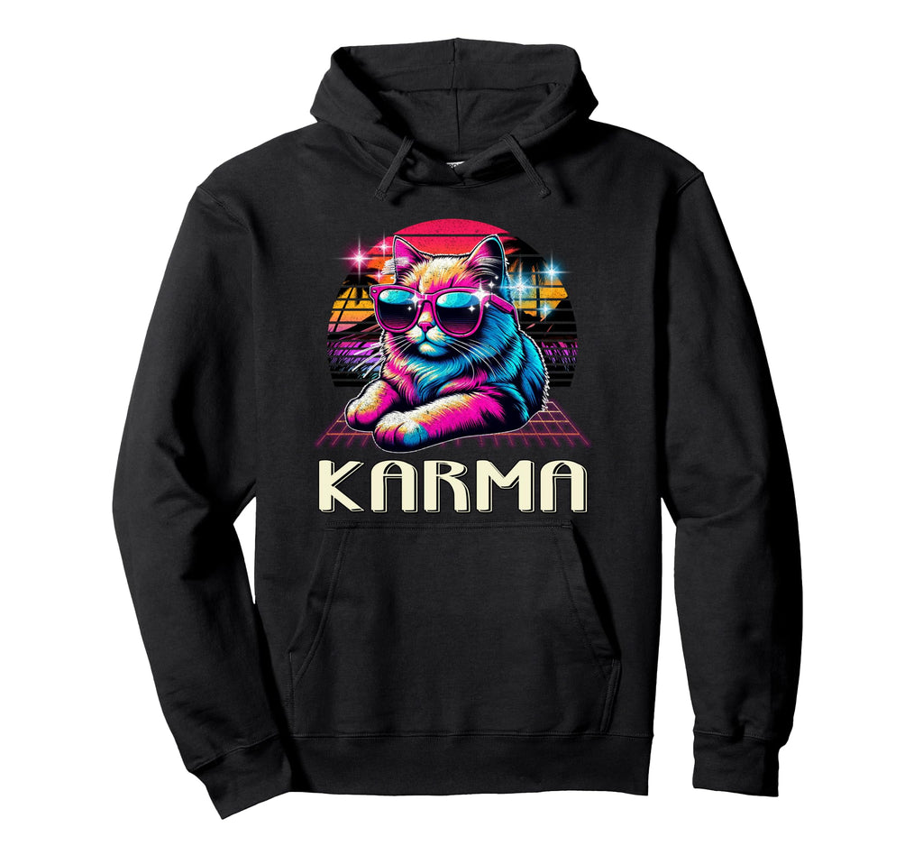 Karma Is Cat Vaporwave 80S Aesthetic Cat Hoodie - Graphic Print Unisex - T-Shirt, Sweatshirt, Hoodie