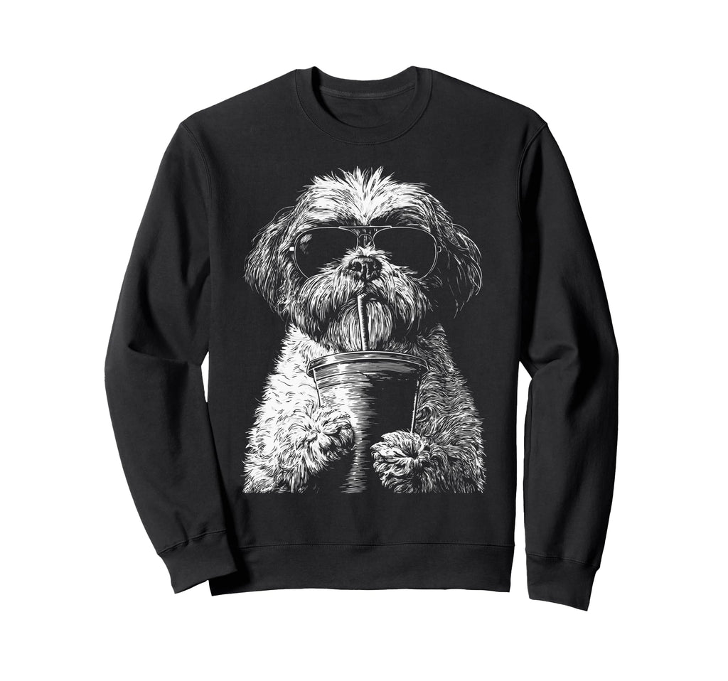 Shih Tzu Drinking Iced Coffee Funny Sweatshirt - Unique Graphic Men Women - T-Shirt, Sweatshirt, Hoodie