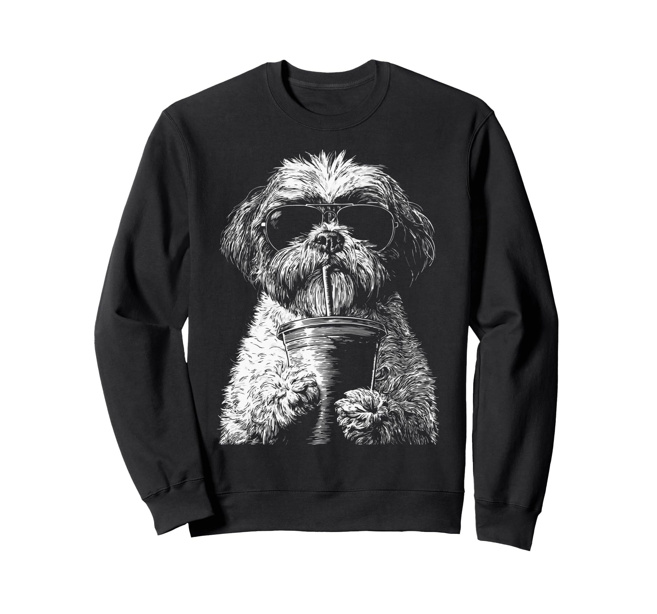 Shih Tzu Drinking Iced Coffee Funny Sweatshirt - Unique Graphic Men Women - T-Shirt, Sweatshirt, Hoodie