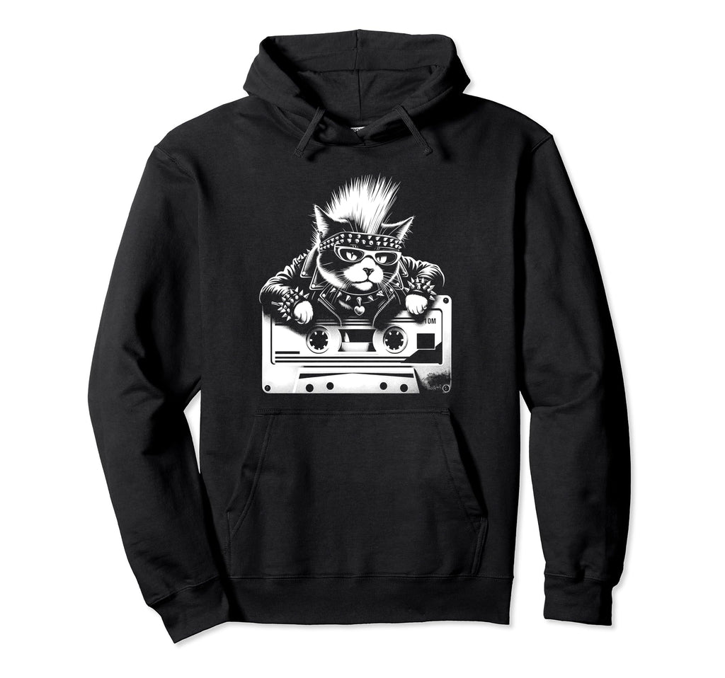Funny Cat Punk Rock Roll Cassette Tape Hoodie - Aesthetic Graphic Unisex - T-Shirt, Sweatshirt, Hoodie
