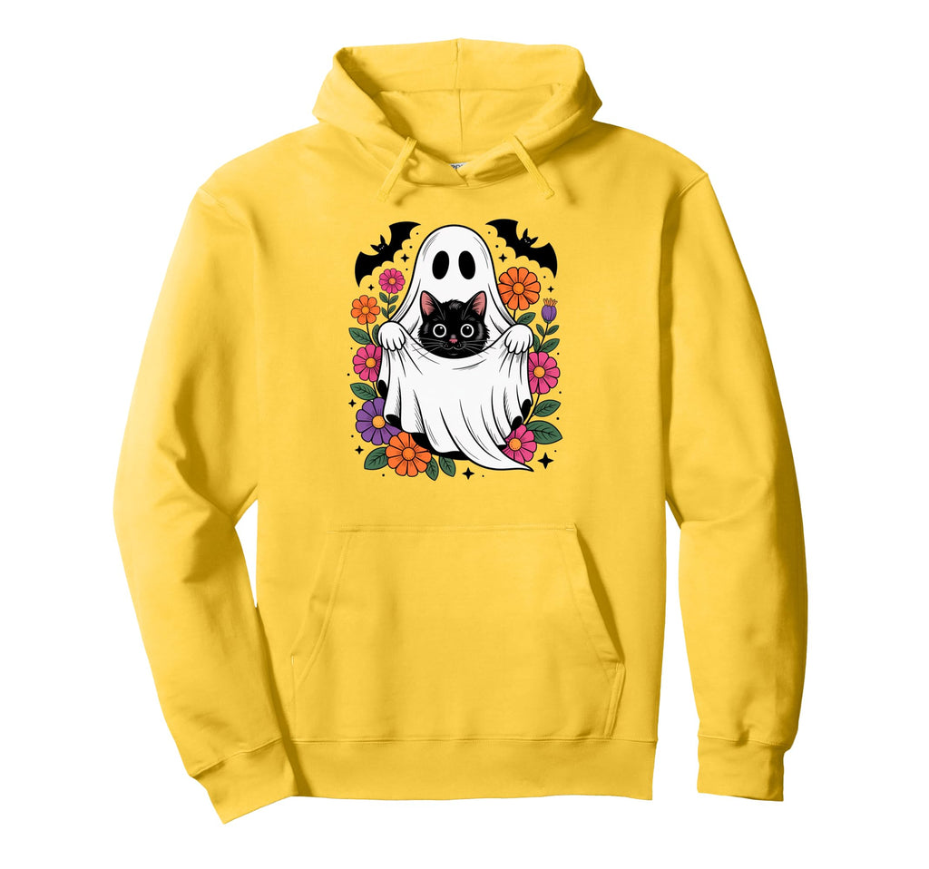 Boho Floral Spooky Ghost Cat Halloween Hoodie - Graphic Print Men Women - T-Shirt, Sweatshirt, Hoodie