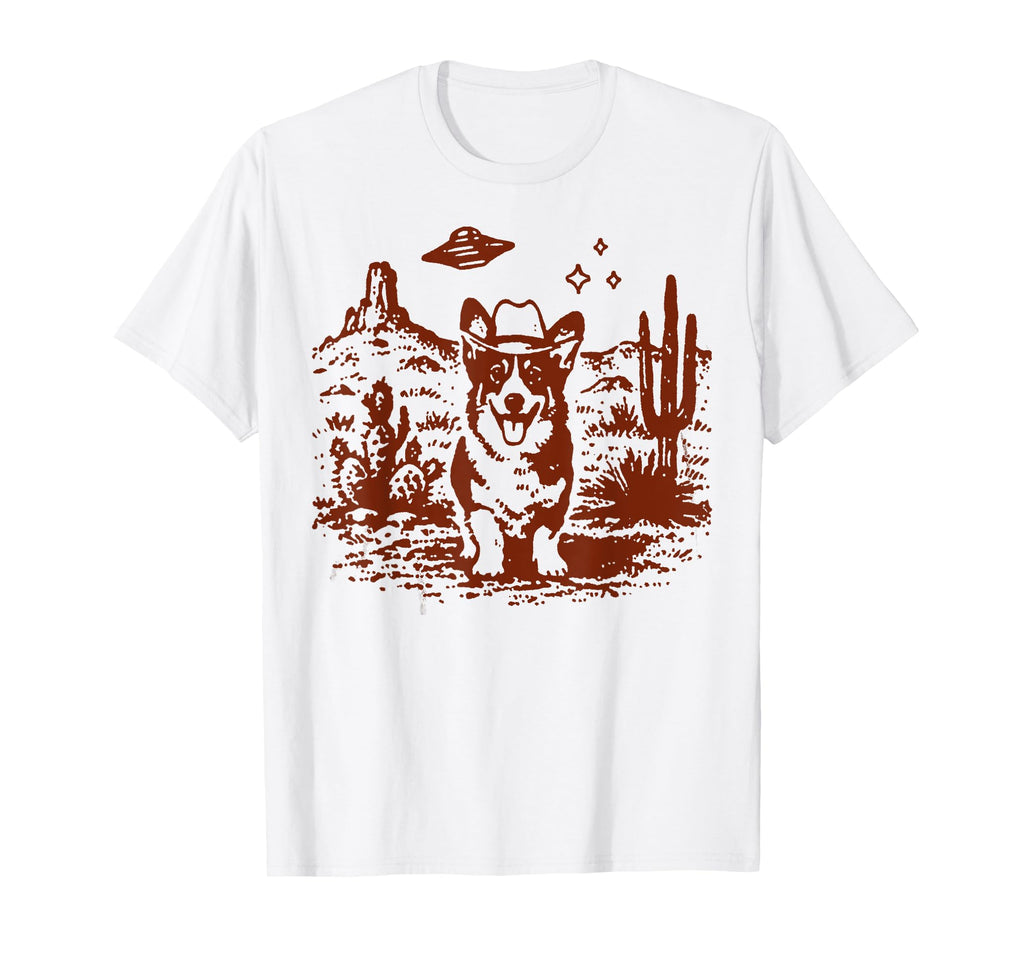 Funny Ufo Alien Cowboy Corgi Desert T-Shirt - Custom Art Print Unisex - T-Shirt, Sweatshirt, Hoodie