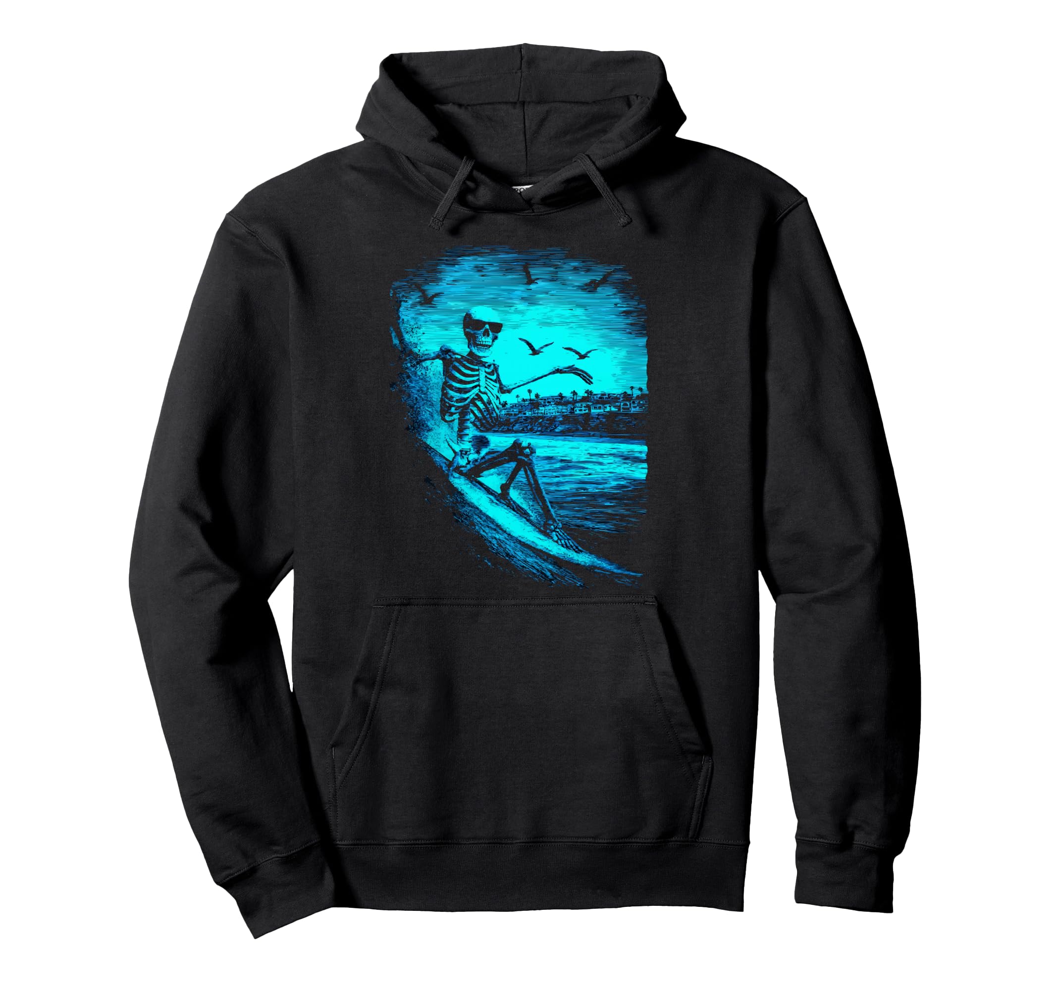 Surfing Skeleton Surfer Riding Wave Hoodie - Custom Art Print for Adults - T-Shirt, Sweatshirt, Hoodie
