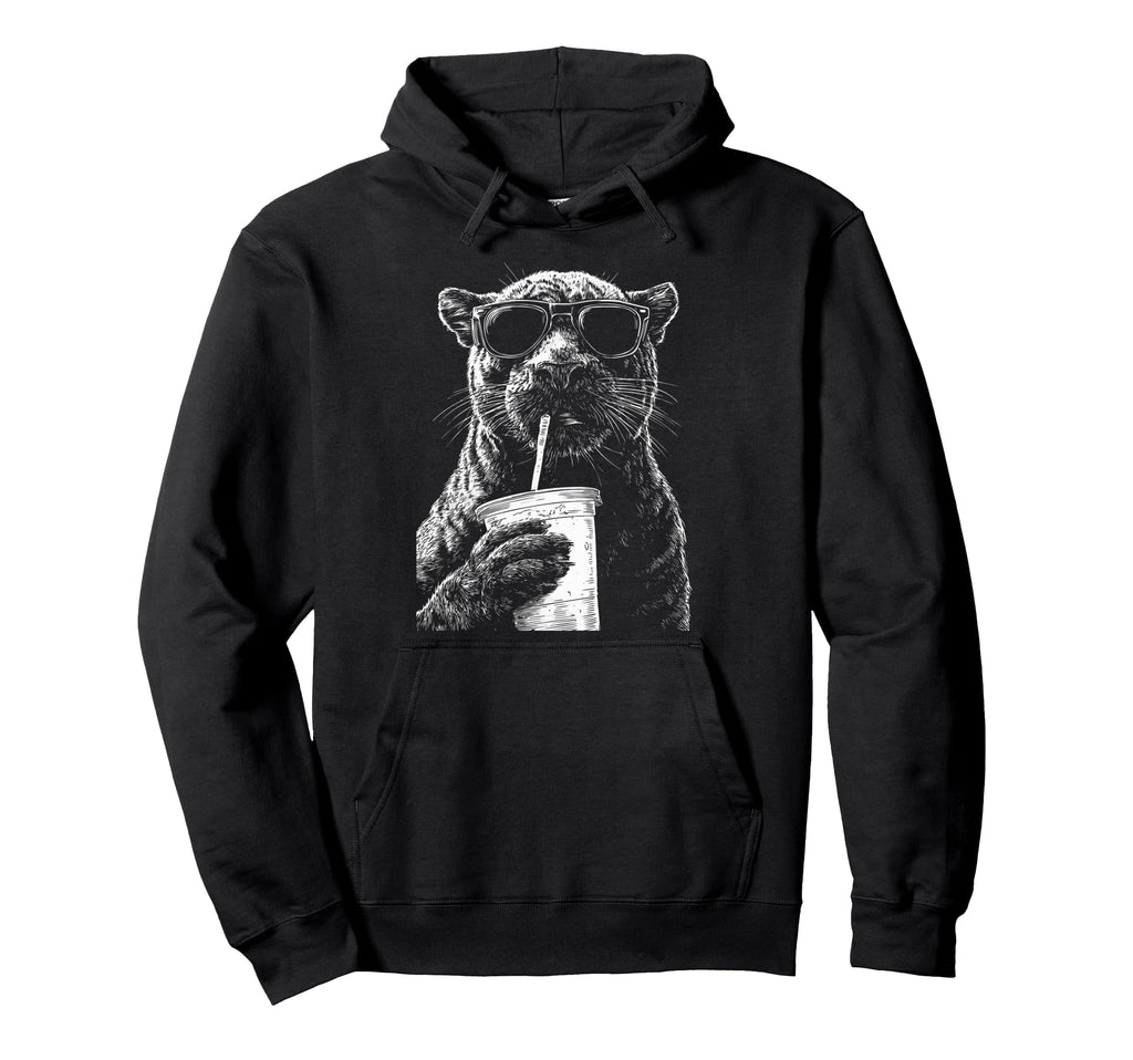 Panther Drinking Iced Coffee Funny Animal Hoodie - Streetwear Style Unisex - T-Shirt, Sweatshirt, Hoodie