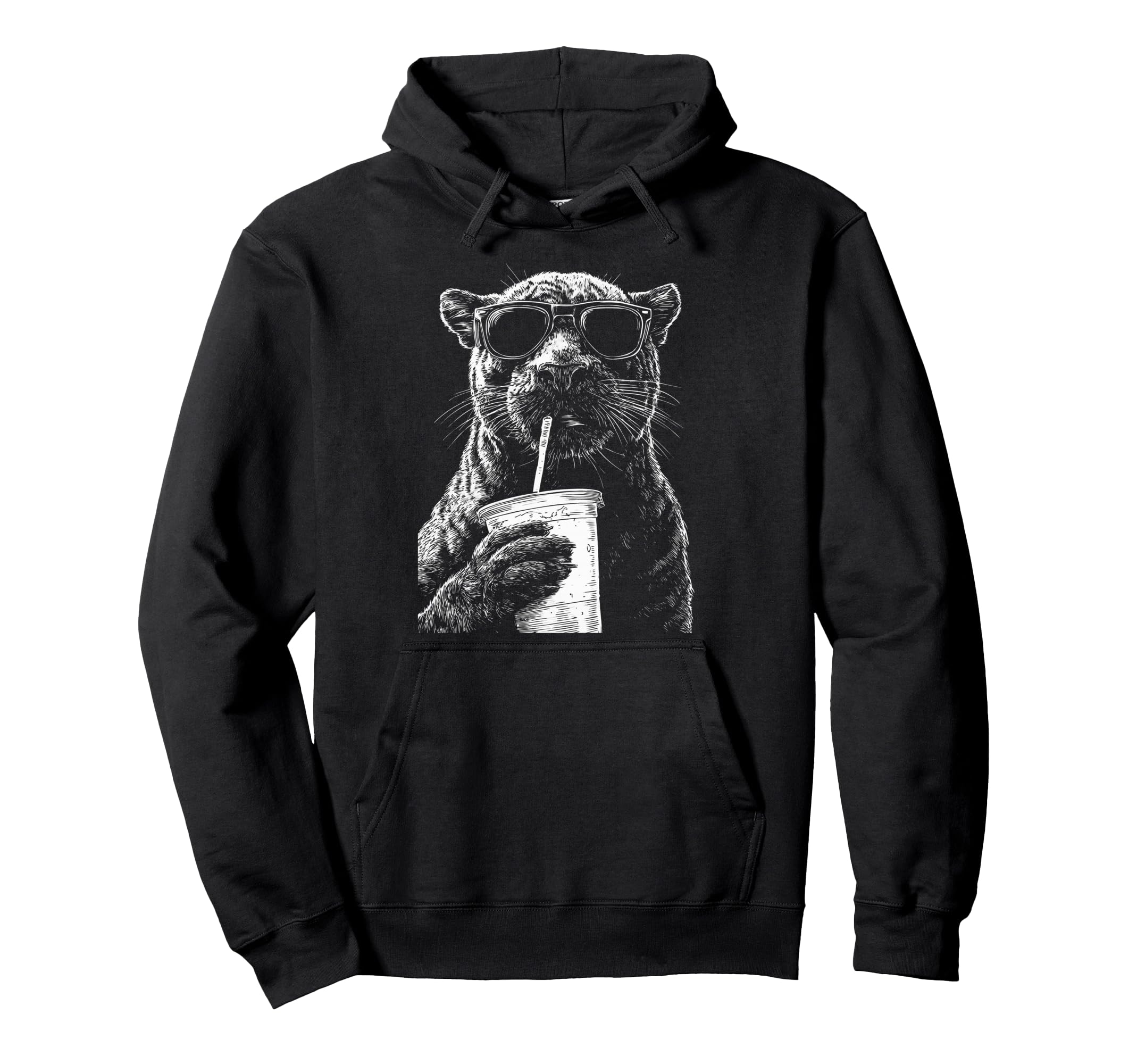 Panther Drinking Iced Coffee Funny Animal Hoodie - Streetwear Style Unisex - T-Shirt, Sweatshirt, Hoodie