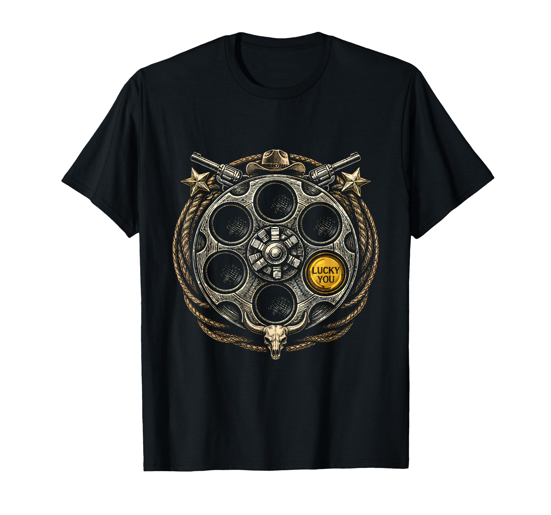 Revolver Gun Cylinder Western Cowboy Lucky T-Shirt - Trendy Graphic Unisex - T-Shirt, Sweatshirt, Hoodie