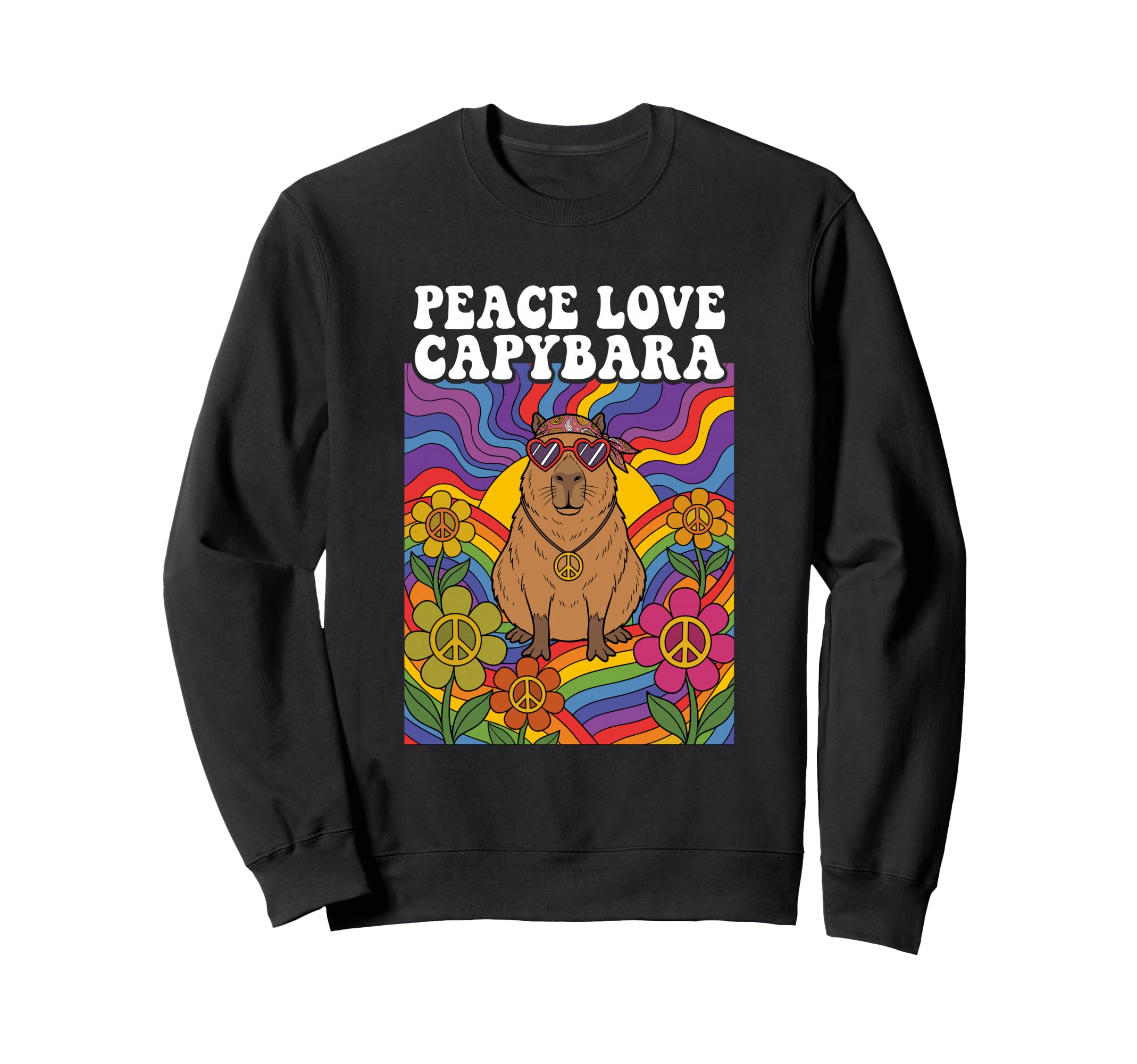 Hippie Capybara 60S 70S Peace Sign Sweatshirt - Trendy Graphic for Adults - T-Shirt, Sweatshirt, Hoodie
