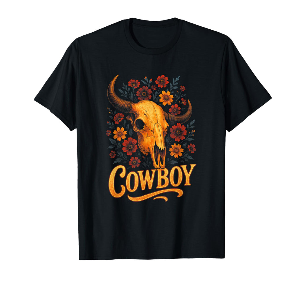 Cowboy Skull Western Flowers T-Shirt - Novelty Apparel Men Women - T-Shirt, Sweatshirt, Hoodie