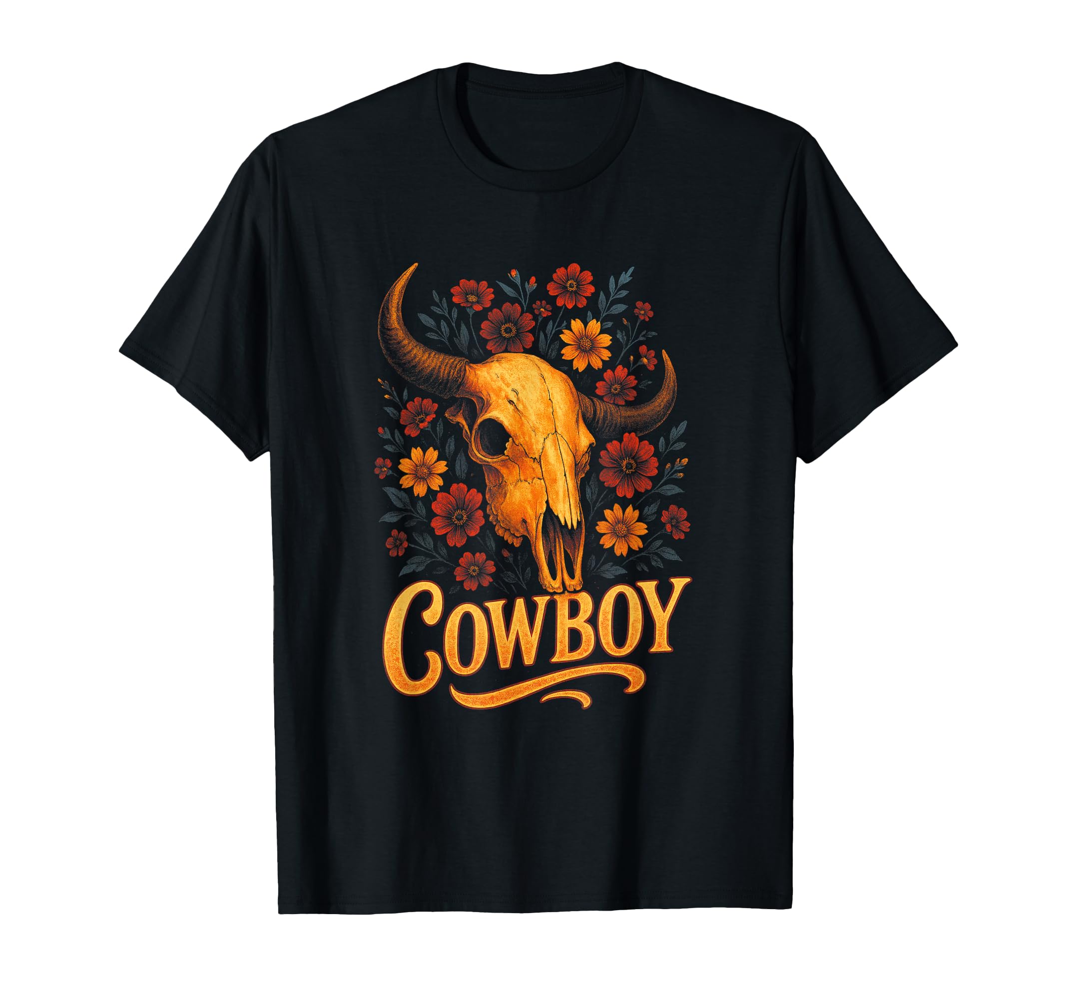 Cowboy Skull Western Flowers T-Shirt - Novelty Apparel Men Women - T-Shirt, Sweatshirt, Hoodie