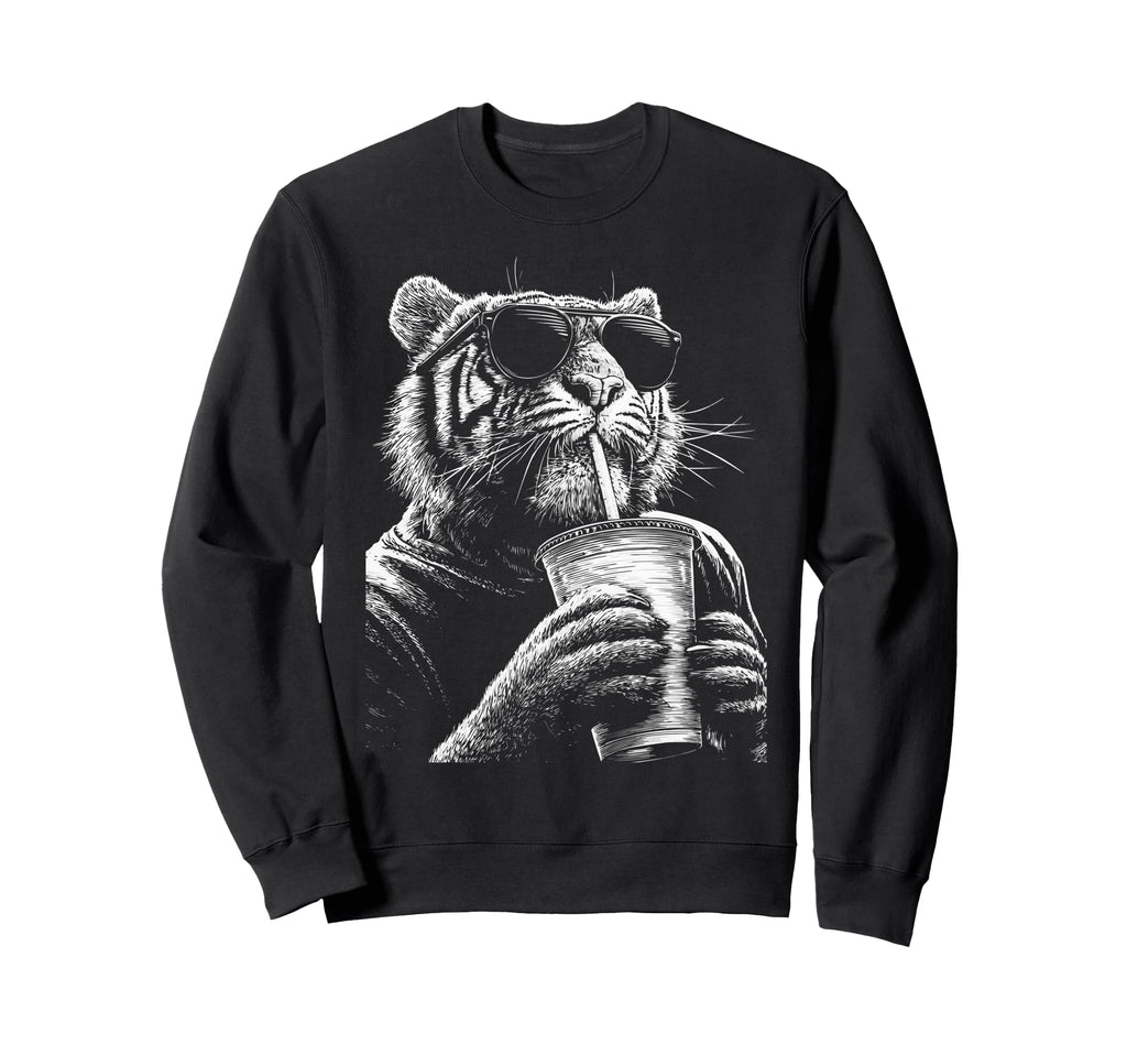 Tiger Drinking Iced Coffee Funny Sweatshirt - Unique Graphic for Adults - T-Shirt, Sweatshirt, Hoodie