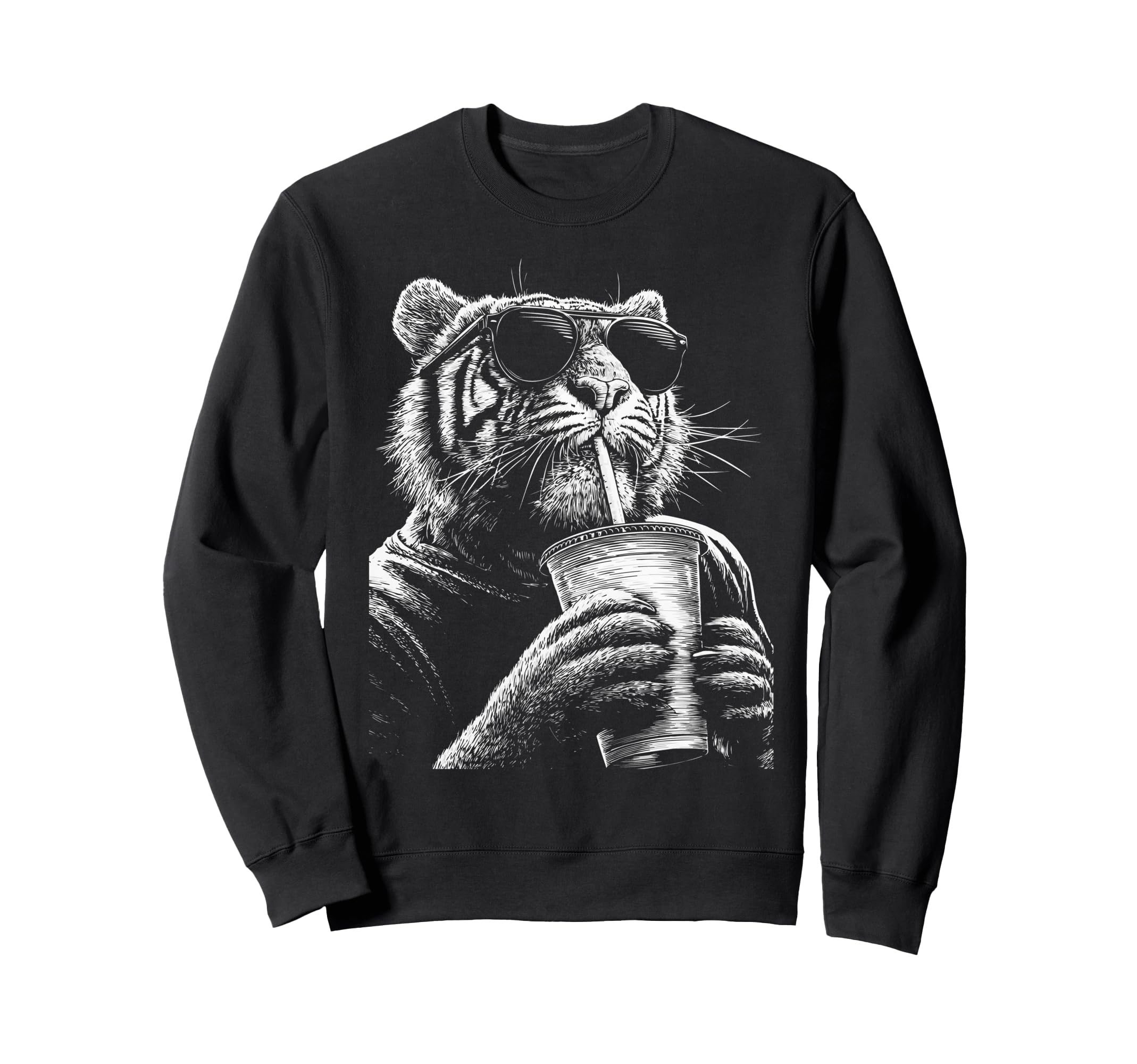 Tiger Drinking Iced Coffee Funny Sweatshirt - Unique Graphic for Adults - T-Shirt, Sweatshirt, Hoodie