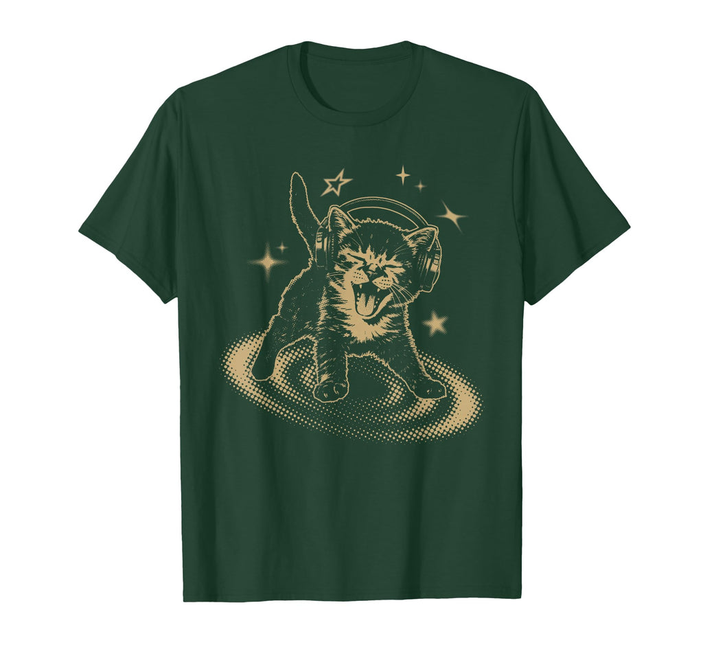 90S Y2K Cat Headphones Stars Silly T-Shirt - Fun Novelty Design for Adults - T-Shirt, Sweatshirt, Hoodie