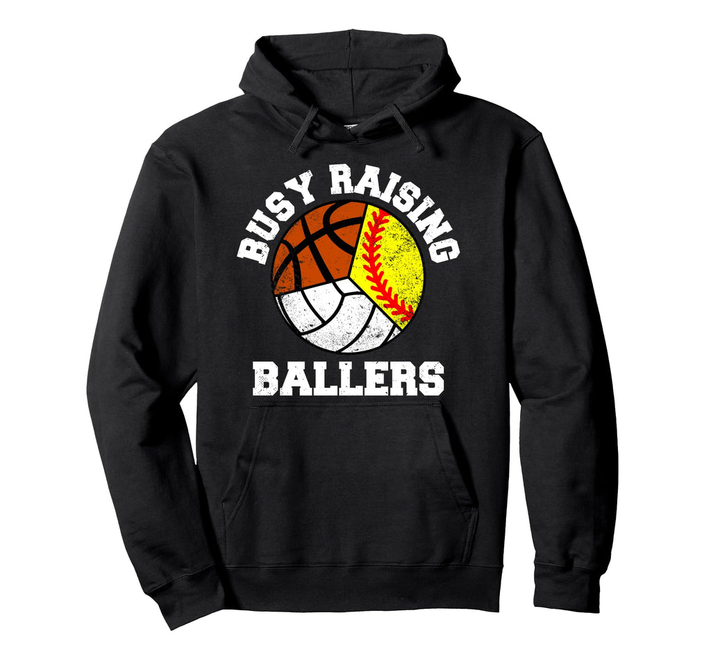 Busy Raising Ballers Softball Volleyball Hoodie - Graphic Print for Adults - T-Shirt, Sweatshirt, Hoodie