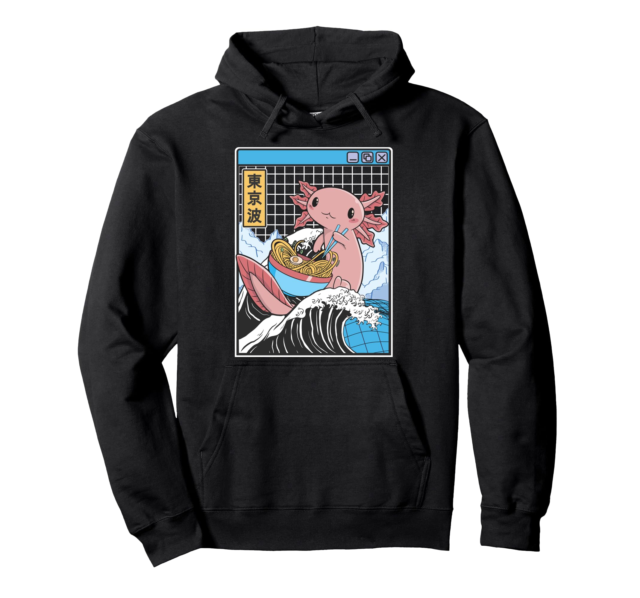 Axolotl Eating Ramen Kanagawa Wave Hoodie - Graphic Print for Adults - T-Shirt, Sweatshirt, Hoodie