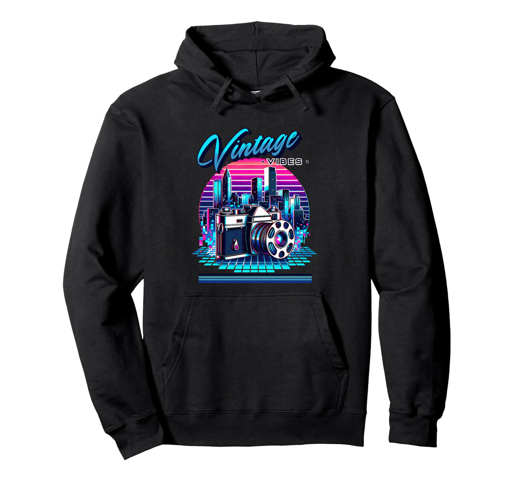 Vibes Old Chool Camera 80S Synthwave Hoodie - Unique Graphic Unisex - T-Shirt, Sweatshirt, Hoodie
