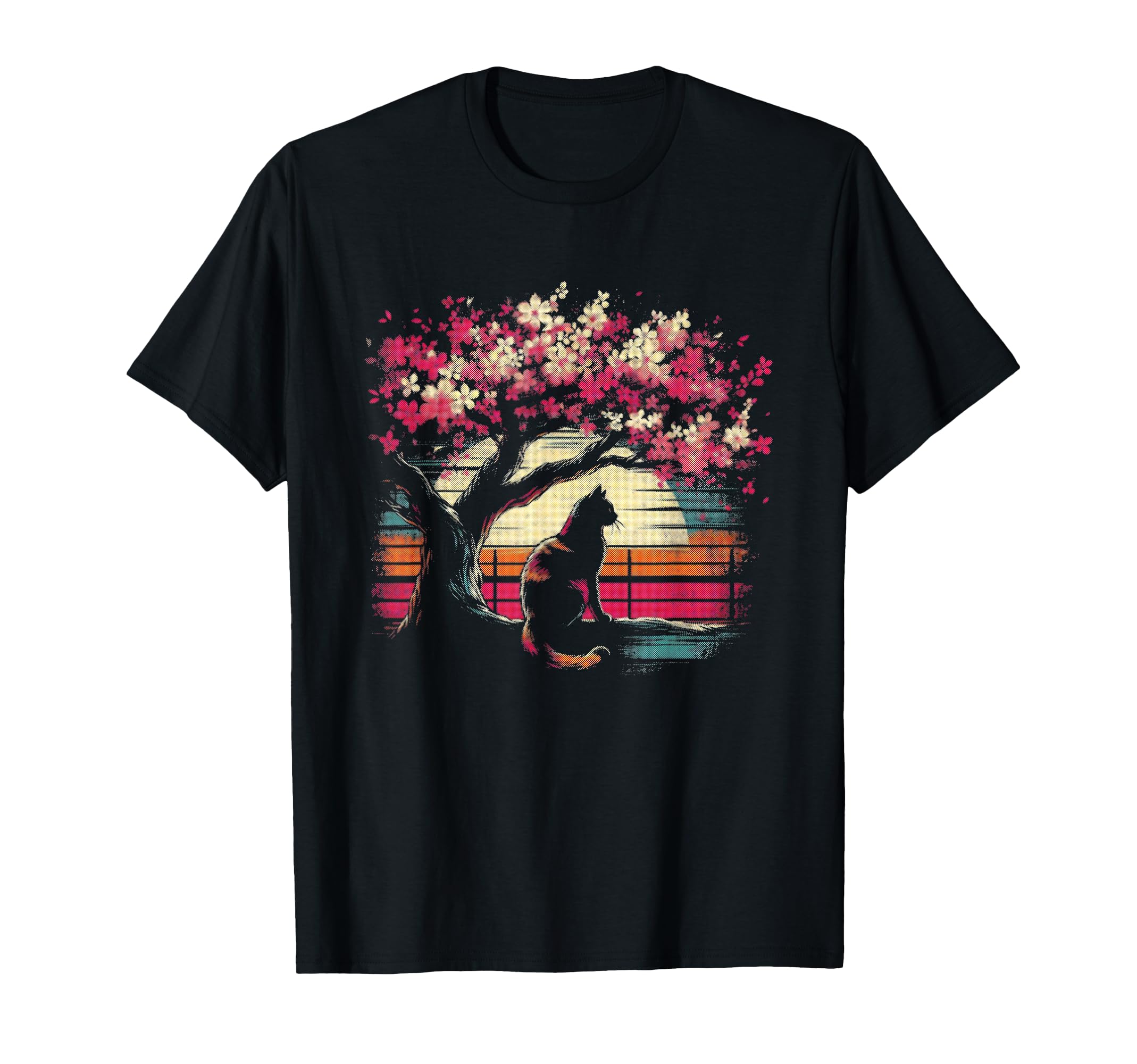 Calico Cat Sakura Tree Sunset Cat Lover T-Shirt - Aesthetic Graphic Unisex - T-Shirt, Sweatshirt, Hoodie