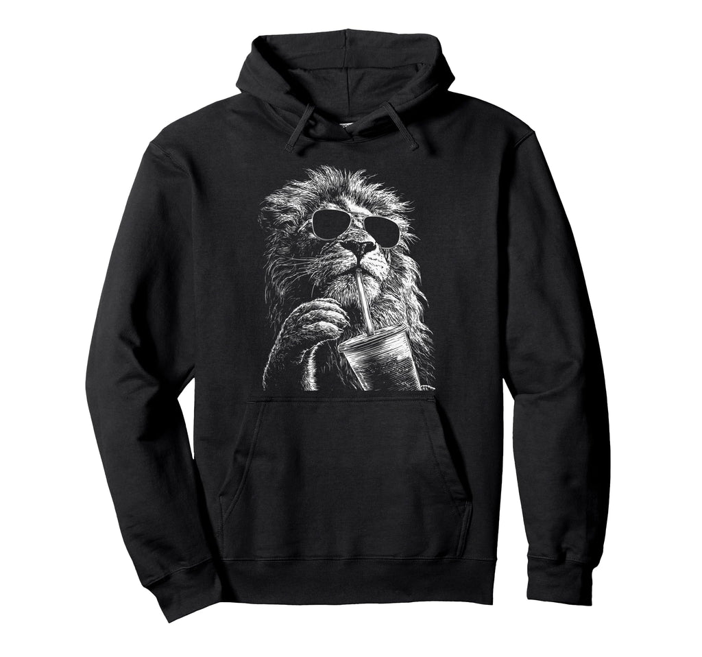 Lion Drinking Iced Coffee Funny Hoodie - Casual Everyday Wear for Adults - T-Shirt, Sweatshirt, Hoodie