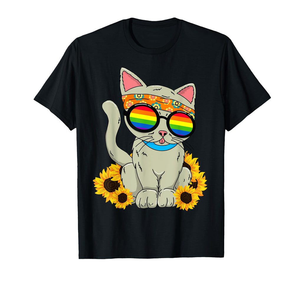 Funny Cat Sunflower Rainbow Hippie T-Shirt - Aesthetic Graphic Unisex - T-Shirt, Sweatshirt, Hoodie