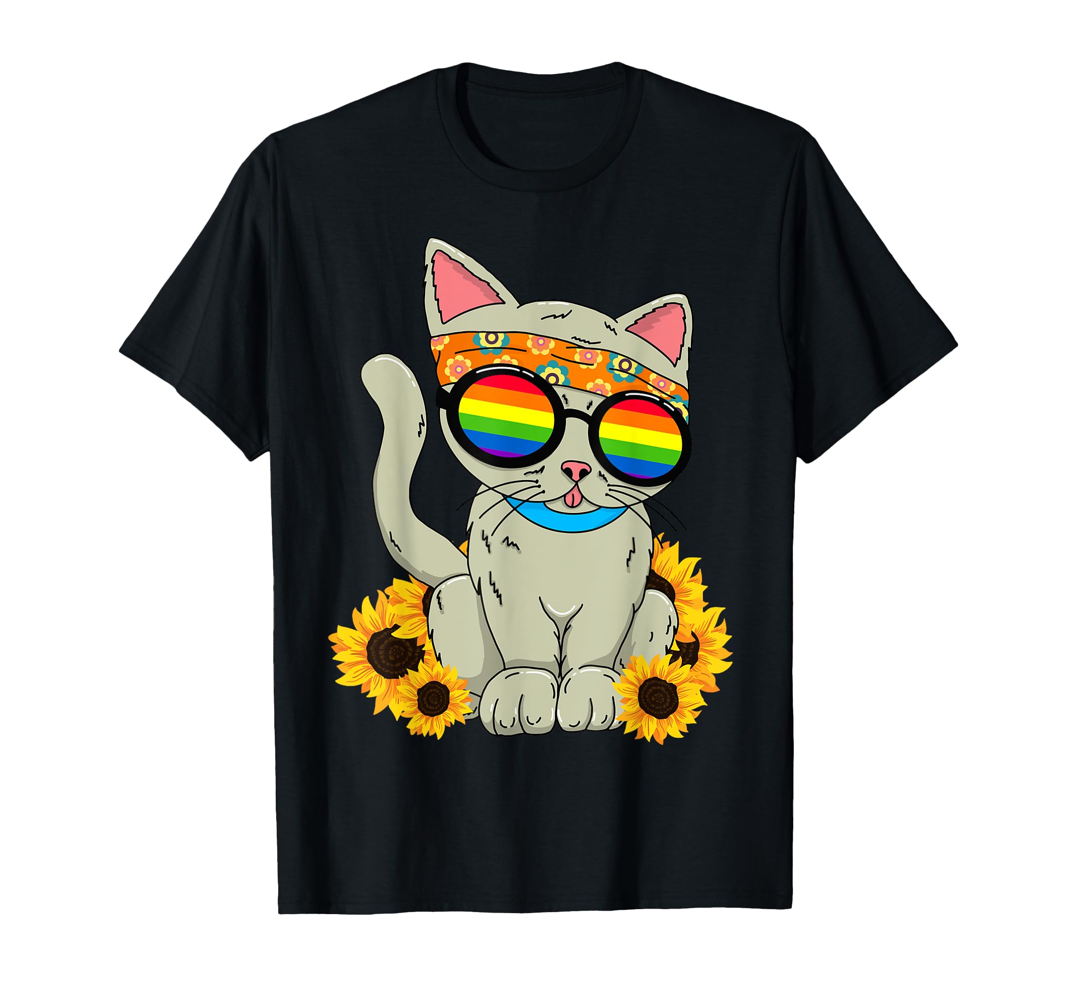 Funny Cat Sunflower Rainbow Hippie T-Shirt - Aesthetic Graphic Unisex - T-Shirt, Sweatshirt, Hoodie