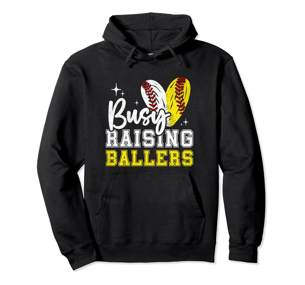 Funny Busy Raising Ballers Softball Hoodie - Novelty Apparel for Adults - T-Shirt, Sweatshirt, Hoodie