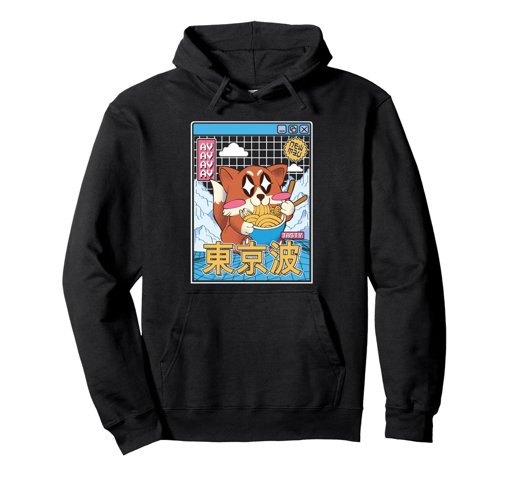 Happy Fox Eating Ramen Vaporwave Hoodie - Minimalist Print Unisex - T-Shirt, Sweatshirt, Hoodie