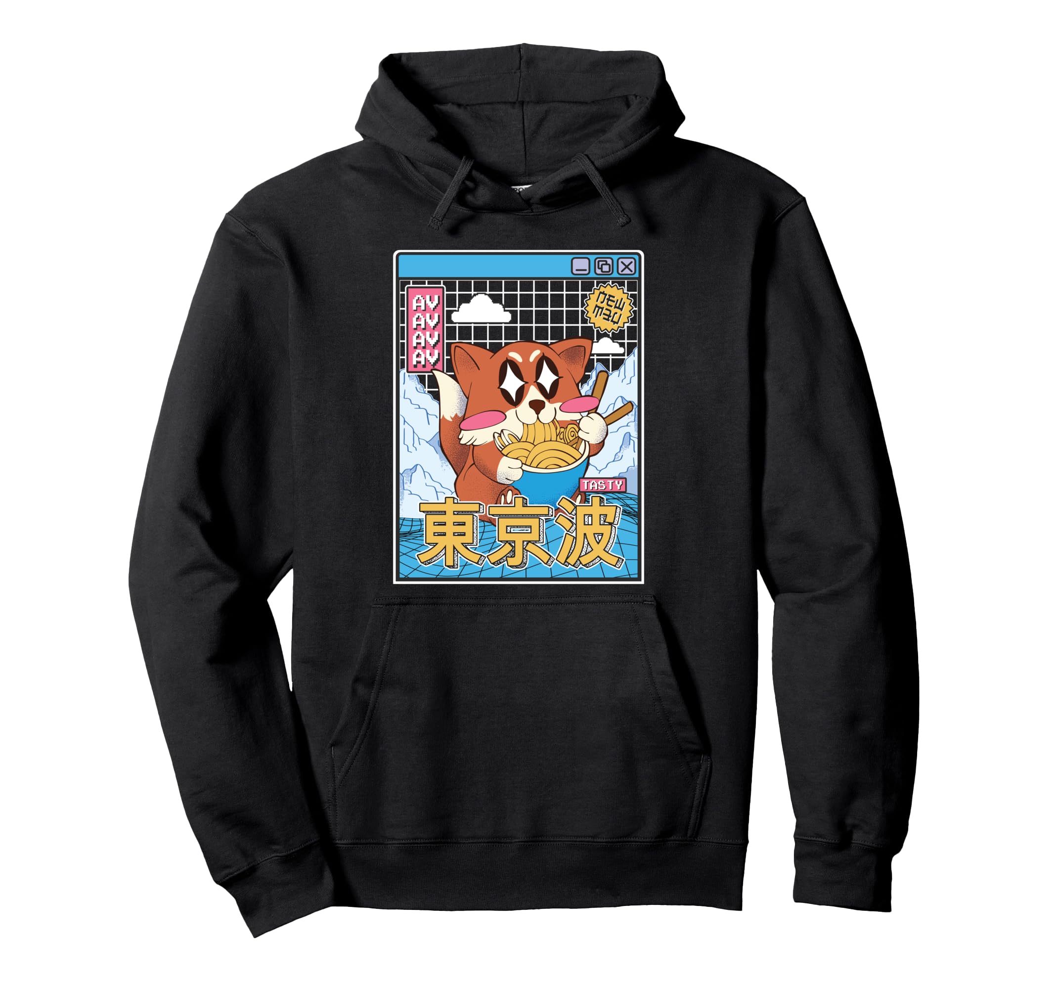 Happy Fox Eating Ramen Vaporwave Hoodie - Minimalist Print Unisex - T-Shirt, Sweatshirt, Hoodie