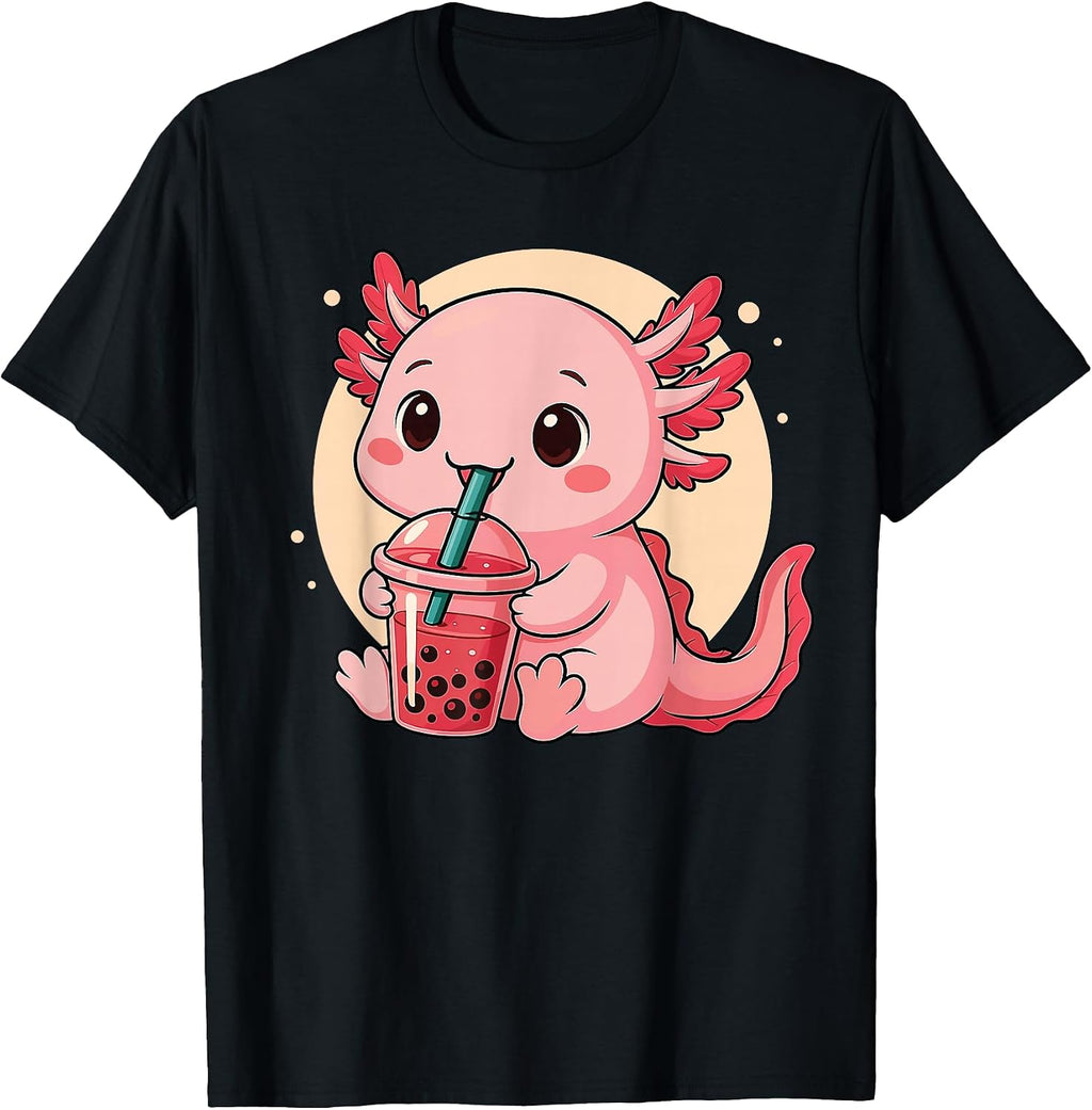Cute Kawaii Axolotl Drinks Boba Bubble Tea - Adult & Kids T-Shirts, Sweatshirts & Hoodies apparel design preview 1