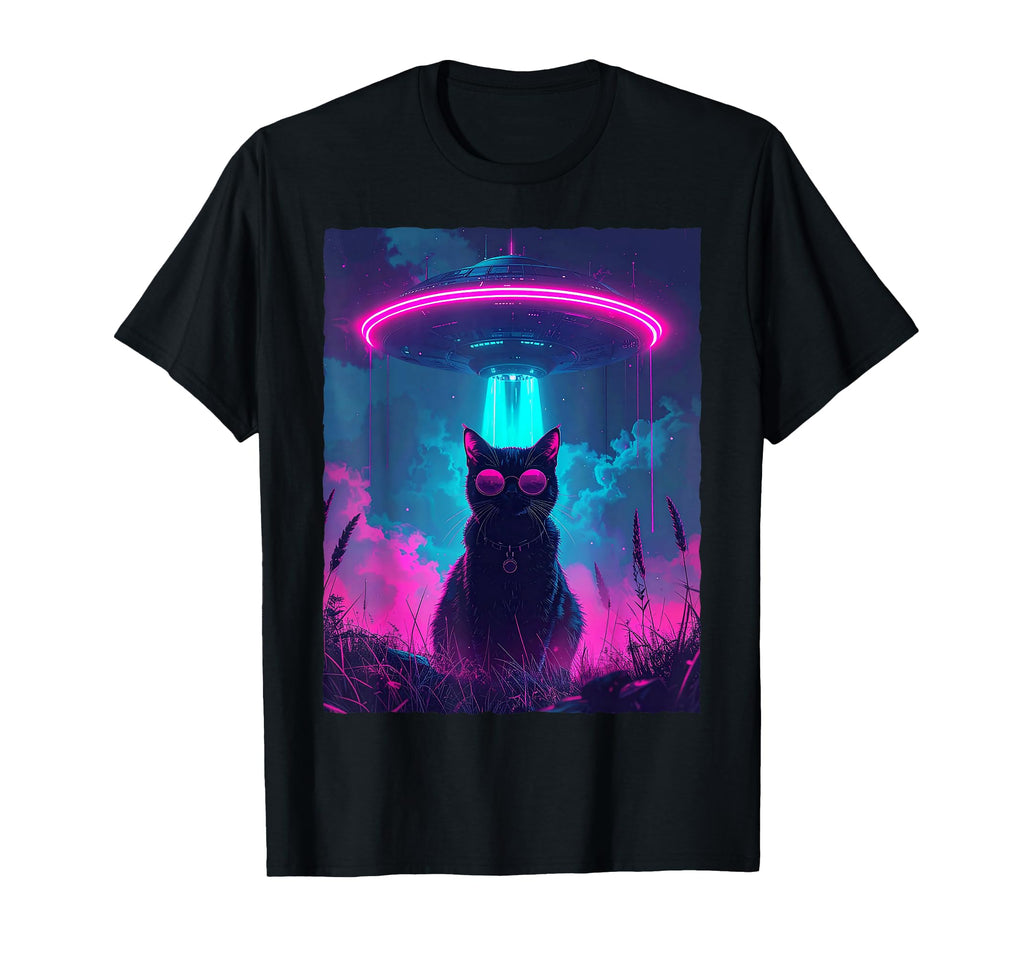 80S Synthwave Black Cat Ufo Alien T-Shirt - Unique Graphic for Adults - T-Shirt, Sweatshirt, Hoodie