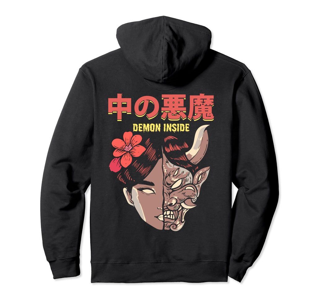 Backprint Demon Inside Japanese Oni Mask Hoodie - Aesthetic Graphic Unisex - T-Shirt, Sweatshirt, Hoodie