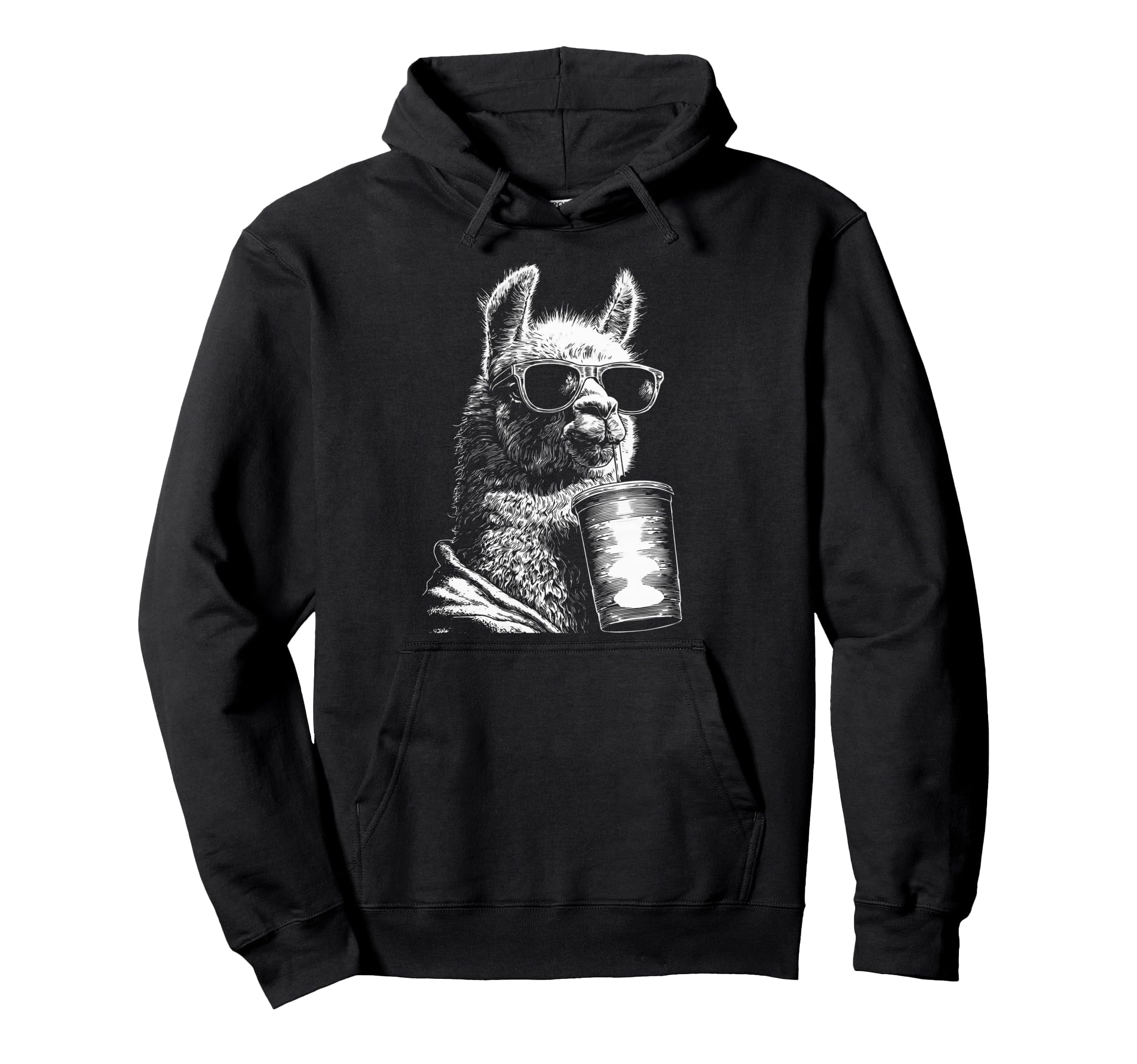 Llama Drinking Iced Coffee Funny Hoodie - Casual Everyday Wear Unisex - T-Shirt, Sweatshirt, Hoodie