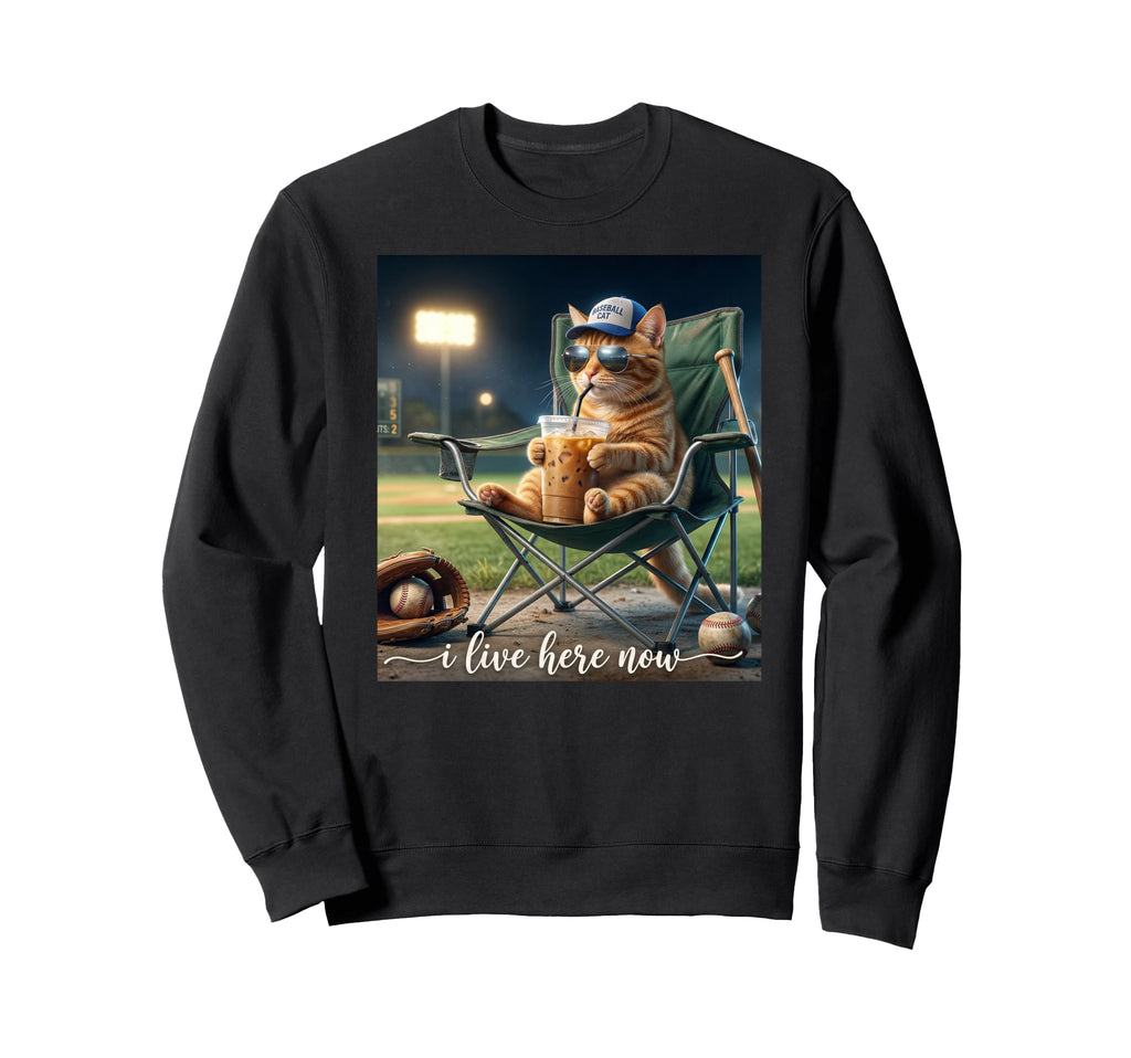 Funny Orange Cat Iced Coffee I Live Here Sweatshirt - Graphic Print Unisex - T-Shirt, Sweatshirt, Hoodie