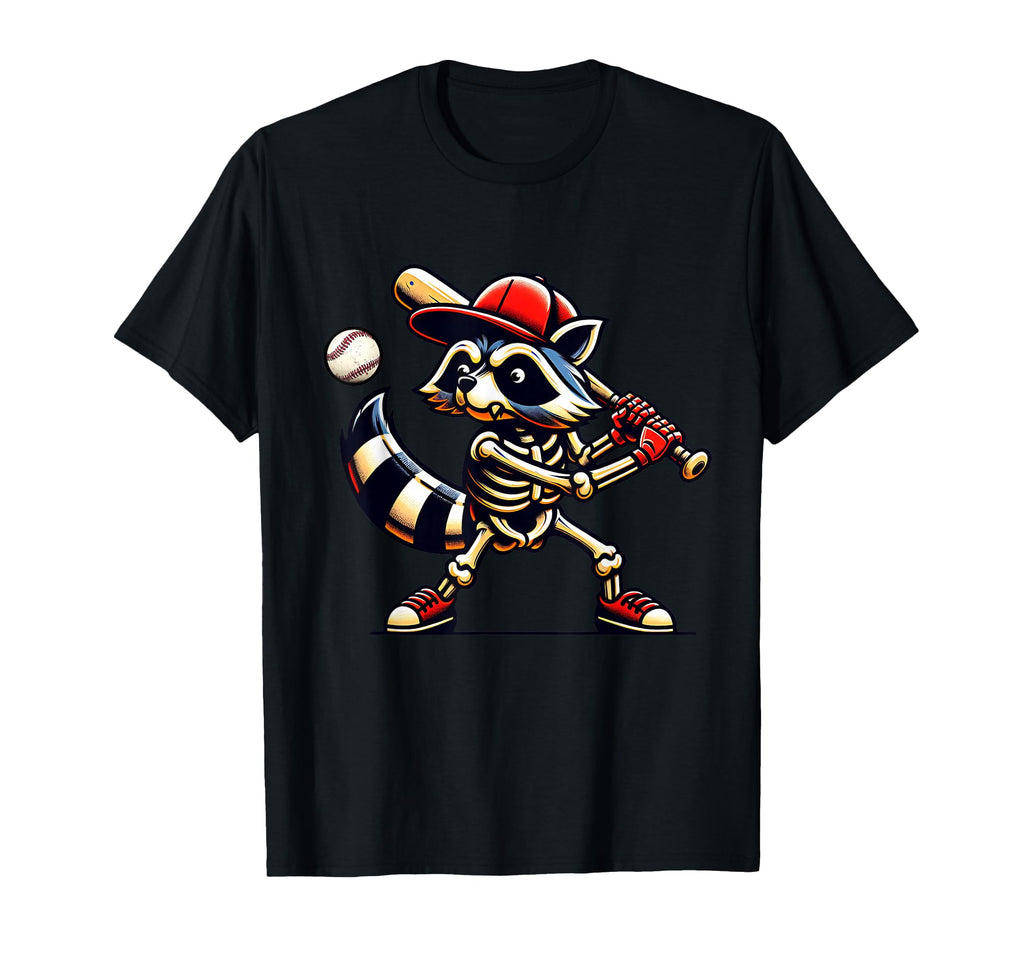 Raccoon Skeleton Baseball Halloween Slugger T-Shirt - Graphic Print Unisex - T-Shirt, Sweatshirt, Hoodie