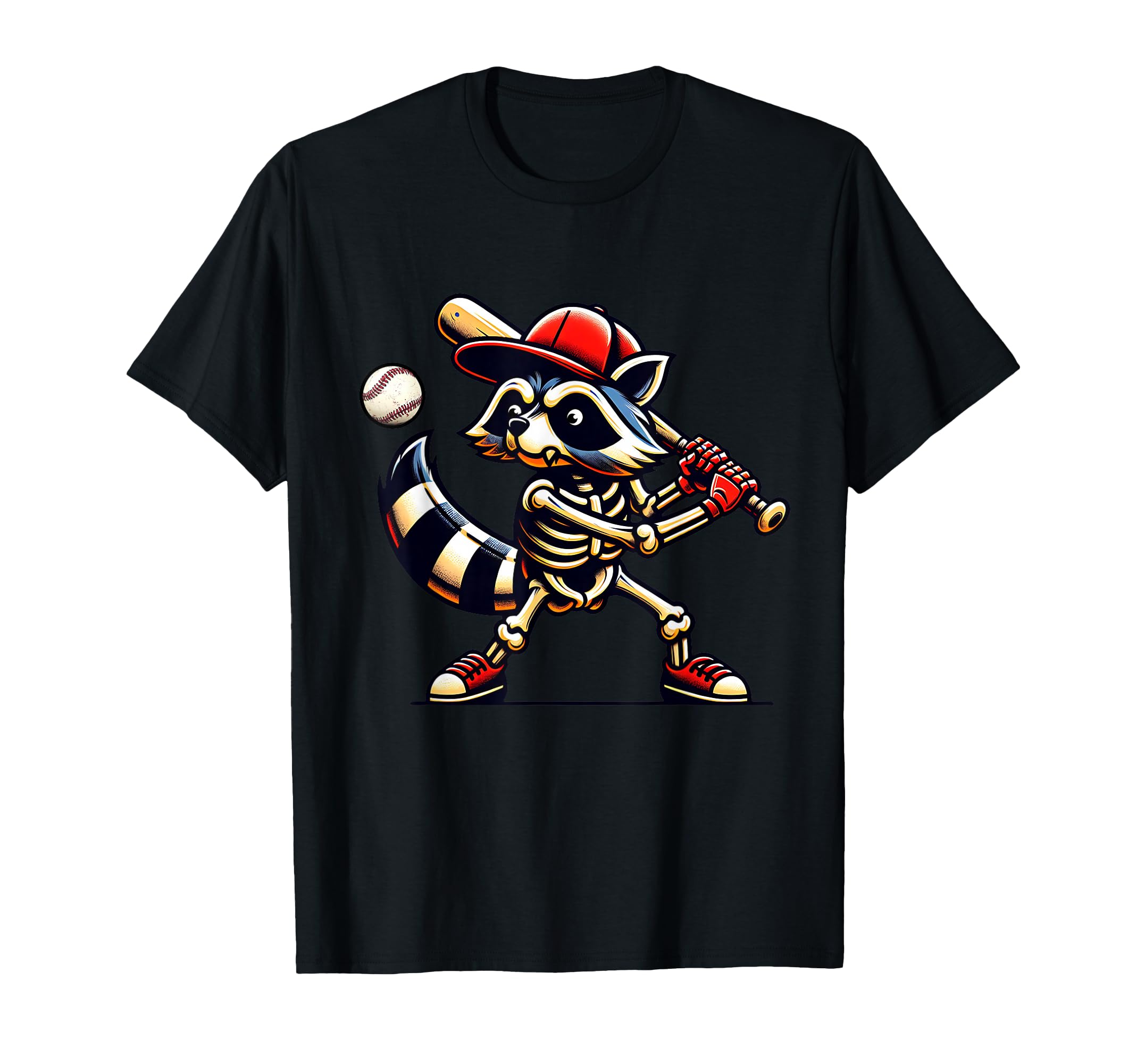 Raccoon Skeleton Baseball Halloween Slugger T-Shirt - Graphic Print Unisex - T-Shirt, Sweatshirt, Hoodie