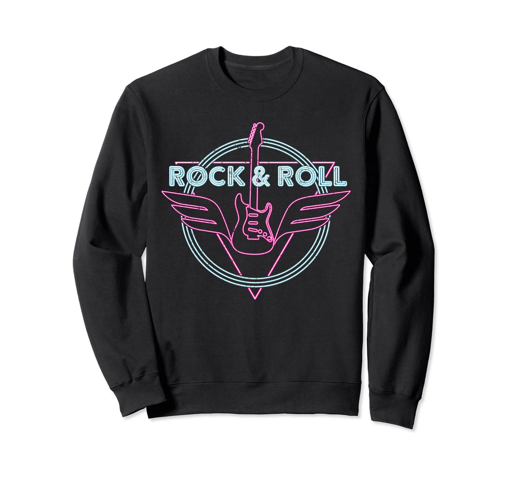 Rock Roll Neon Guitar Wings Sweatshirt - Graphic Print Unisex - T-Shirt, Sweatshirt, Hoodie