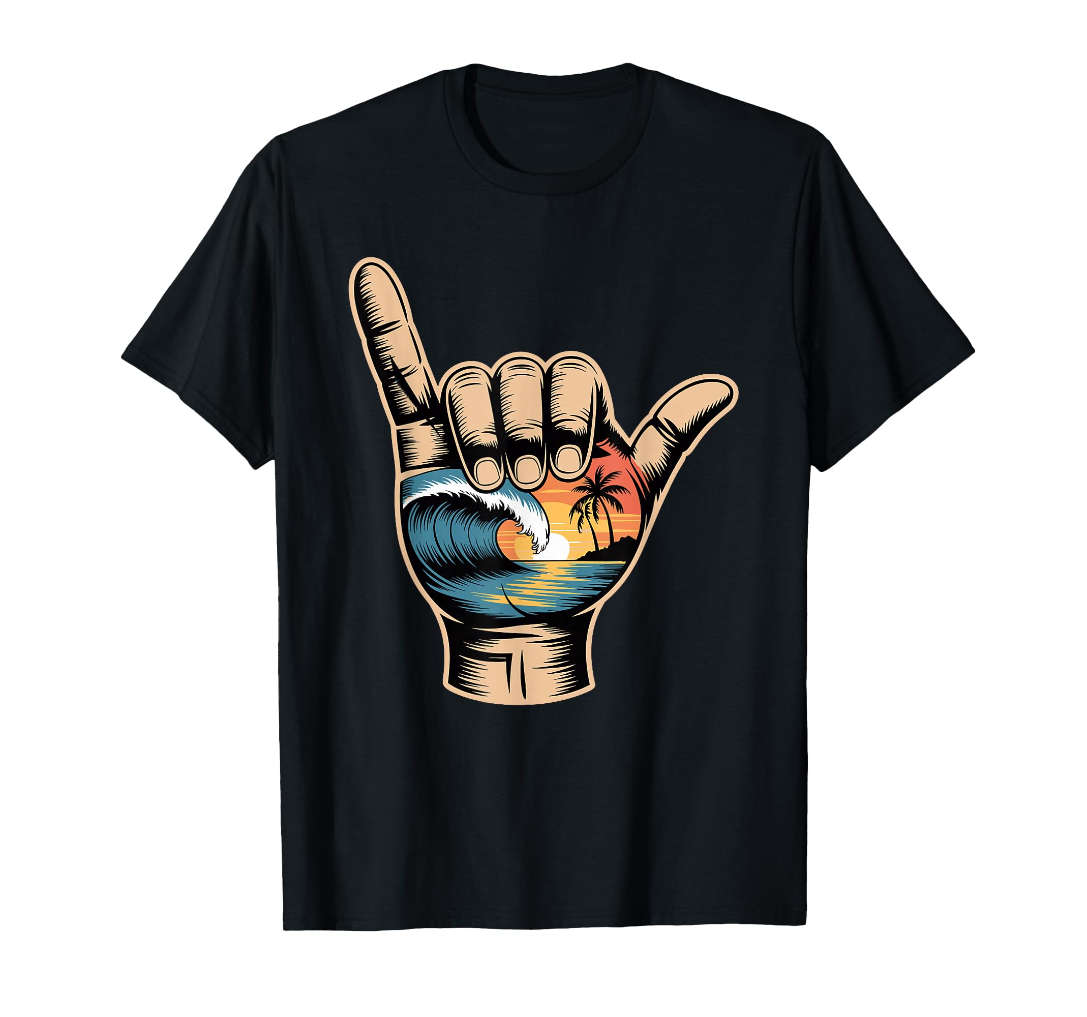 Hand Sunset Wave Palm Trees Ocean Beach T-Shirt - Custom Art Print Unisex - T-Shirt, Sweatshirt, Hoodie