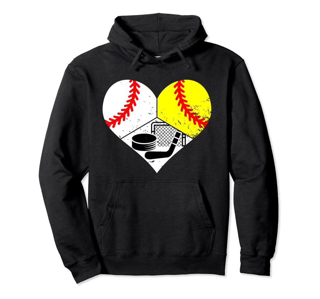 Baseball Softball Hockey Heart Hoodie - Casual Everyday Wear Men Women - T-Shirt, Sweatshirt, Hoodie