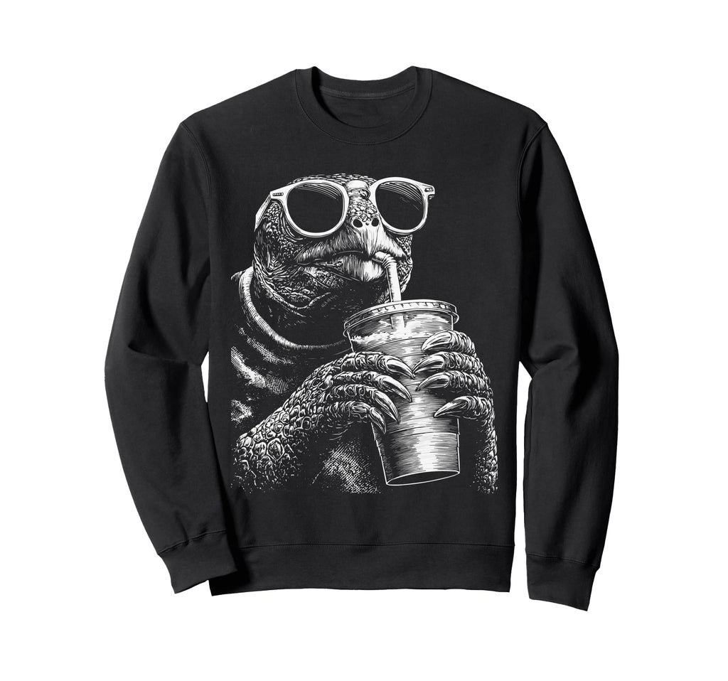 Turtle Drinking Iced Coffee Funny Sweatshirt - Custom Art Print for Adults - T-Shirt, Sweatshirt, Hoodie