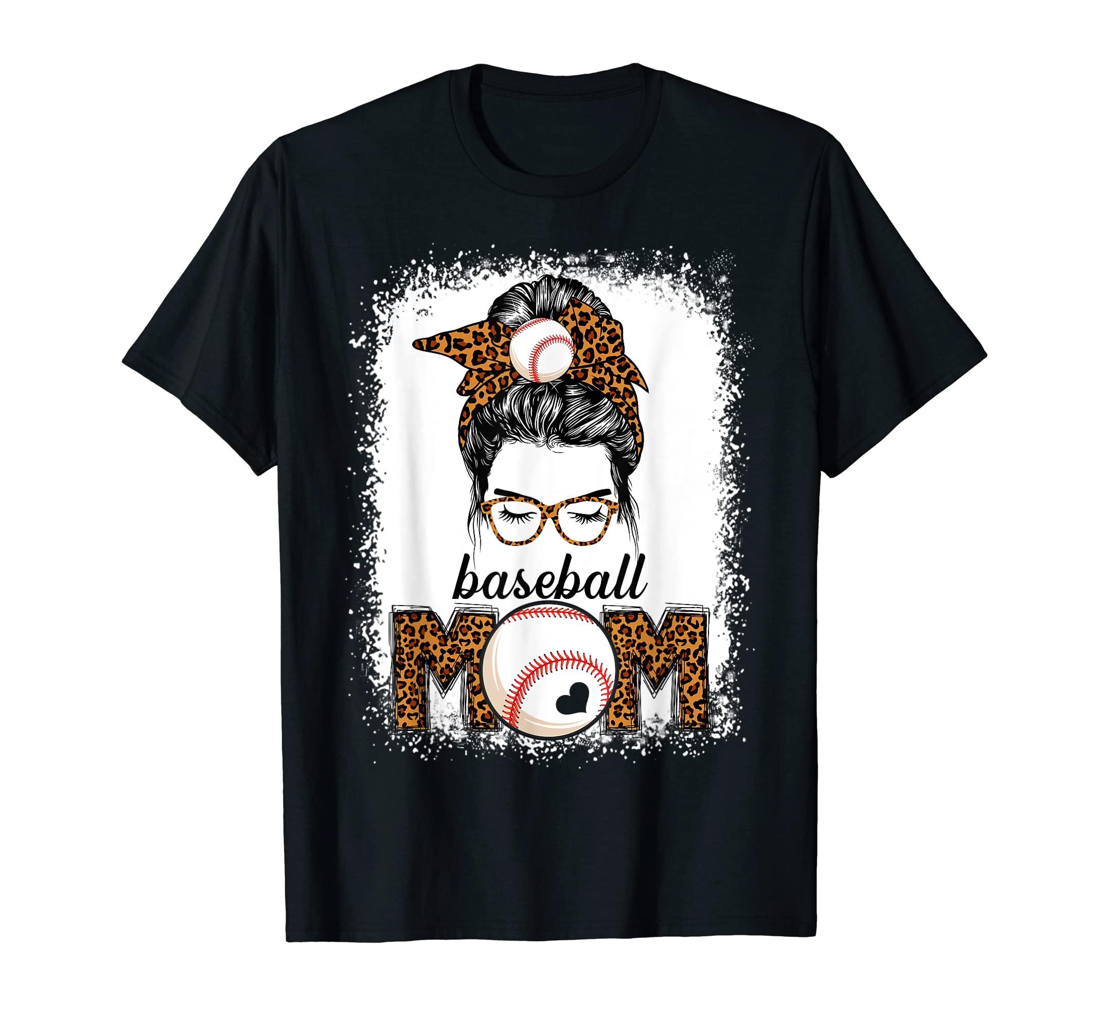 Baseball Mom Messy Bun Leopard Mothers T-Shirt - Graphic Print for Adults - T-Shirt, Sweatshirt, Hoodie