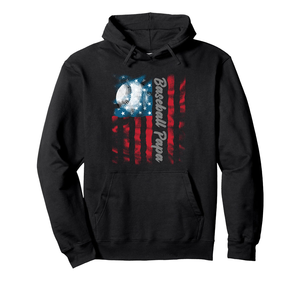 Baseball Papa American Flag Fathers Day Hoodie - Graphic Print Men Women - T-Shirt, Sweatshirt, Hoodie
