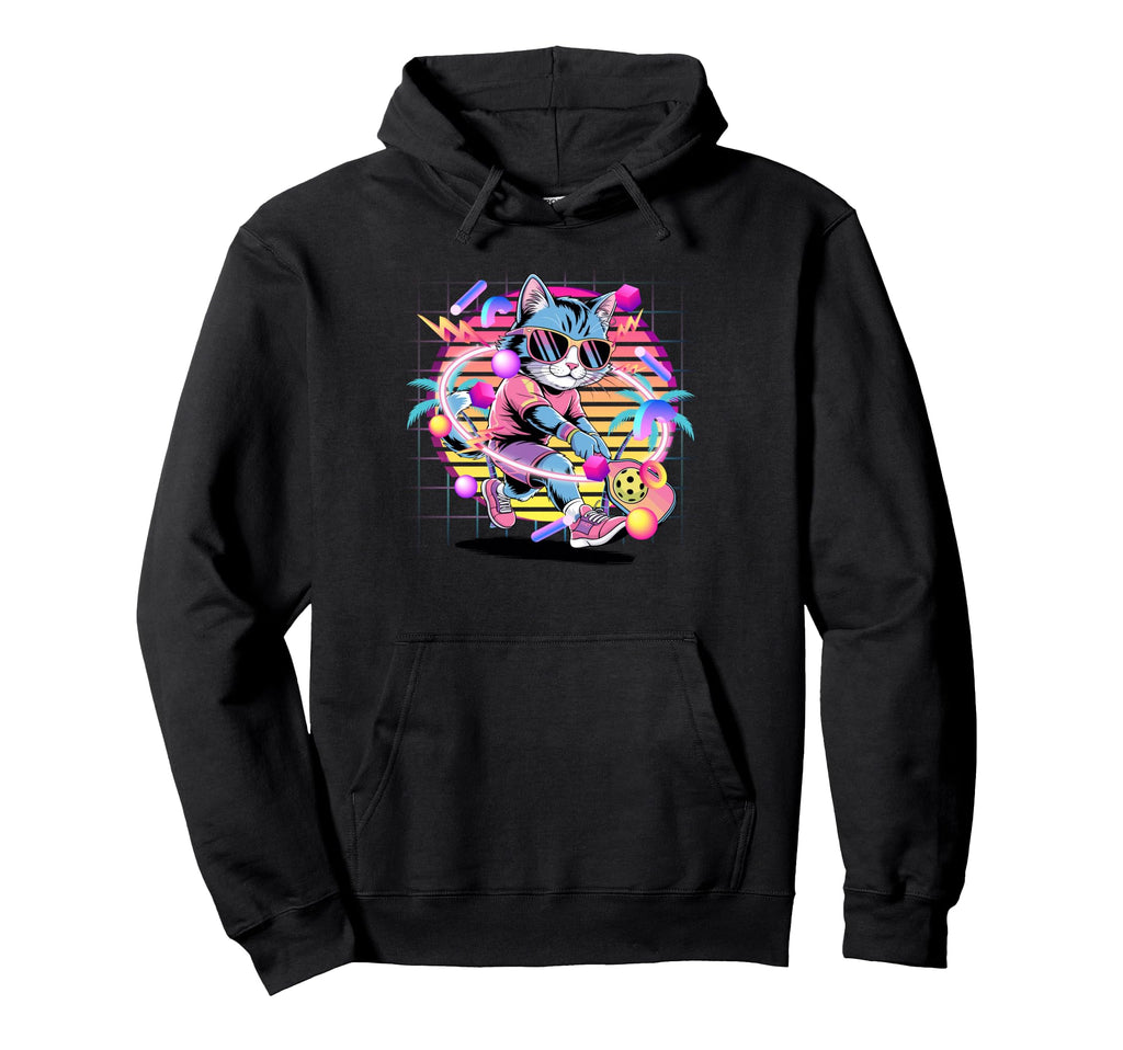 Vaporwave Cat Pickleball Player 80S Hoodie - Minimalist Print for Adults - T-Shirt, Sweatshirt, Hoodie