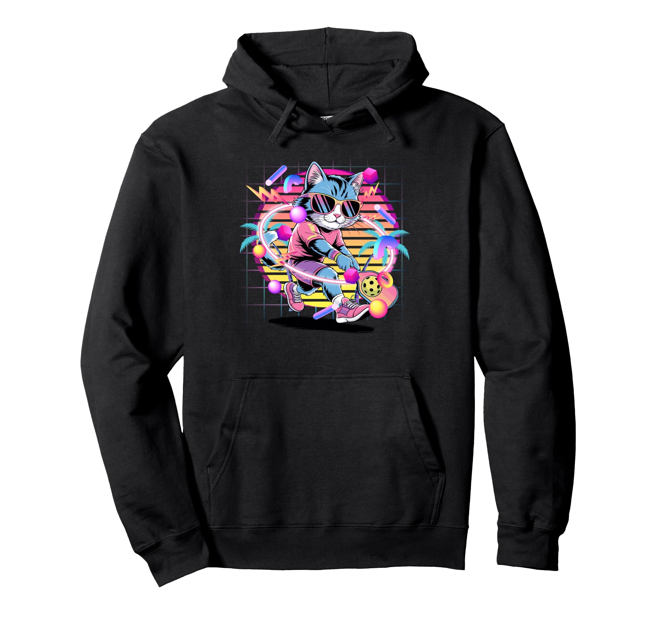 Vaporwave Cat Pickleball Player 80S Hoodie - Minimalist Print for Adults - T-Shirt, Sweatshirt, Hoodie