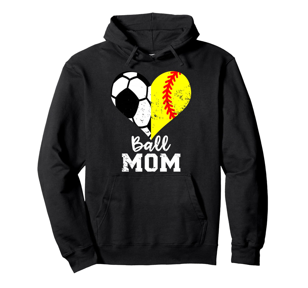 Ball Mom Heart Funny Softball Soccer Mom Hoodie - Unique Graphic Men Women - T-Shirt, Sweatshirt, Hoodie