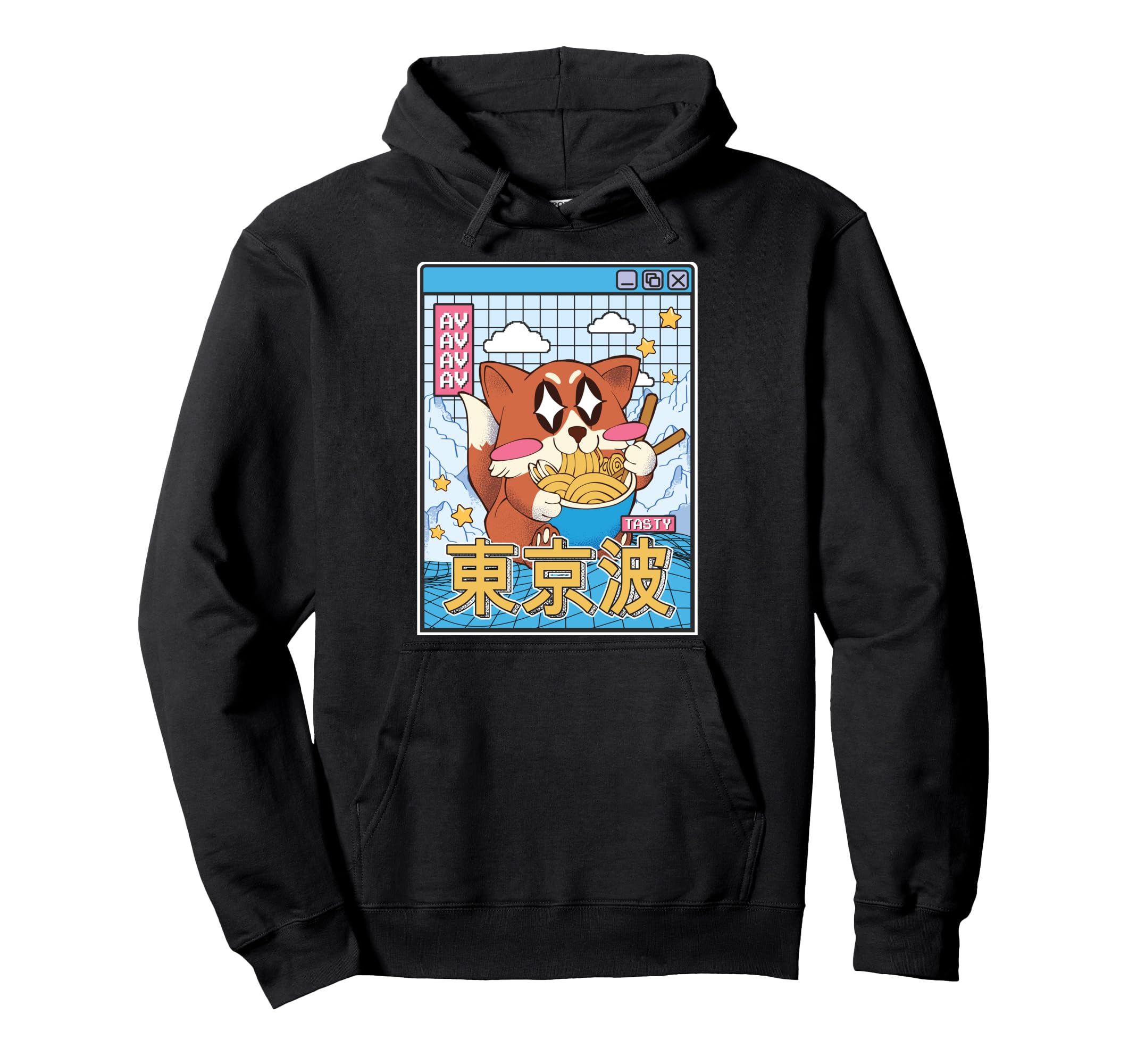 Happy Fox Eating Ramen Vaporwave Hoodie - Streetwear Style Men Women - T-Shirt, Sweatshirt, Hoodie