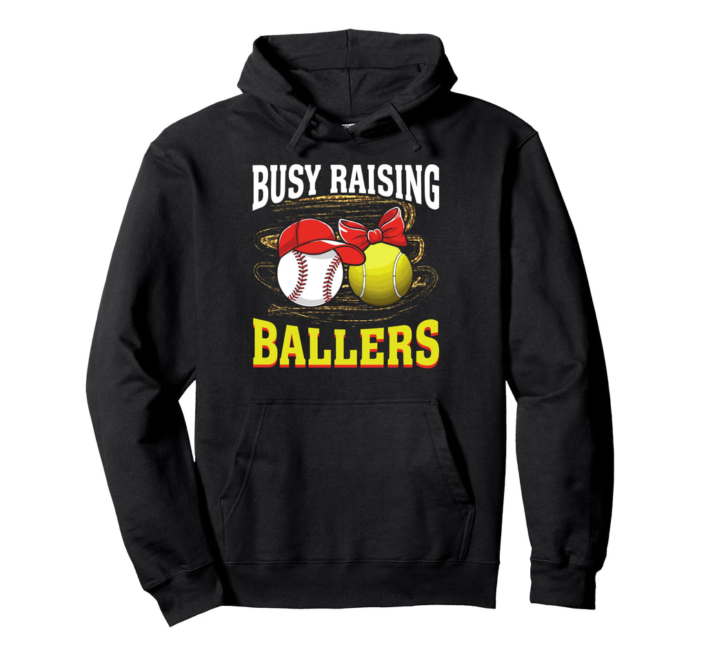 Busy Raising Ballers Baseball Tennis Mom Hoodie - Graphic Print for Adults - T-Shirt, Sweatshirt, Hoodie