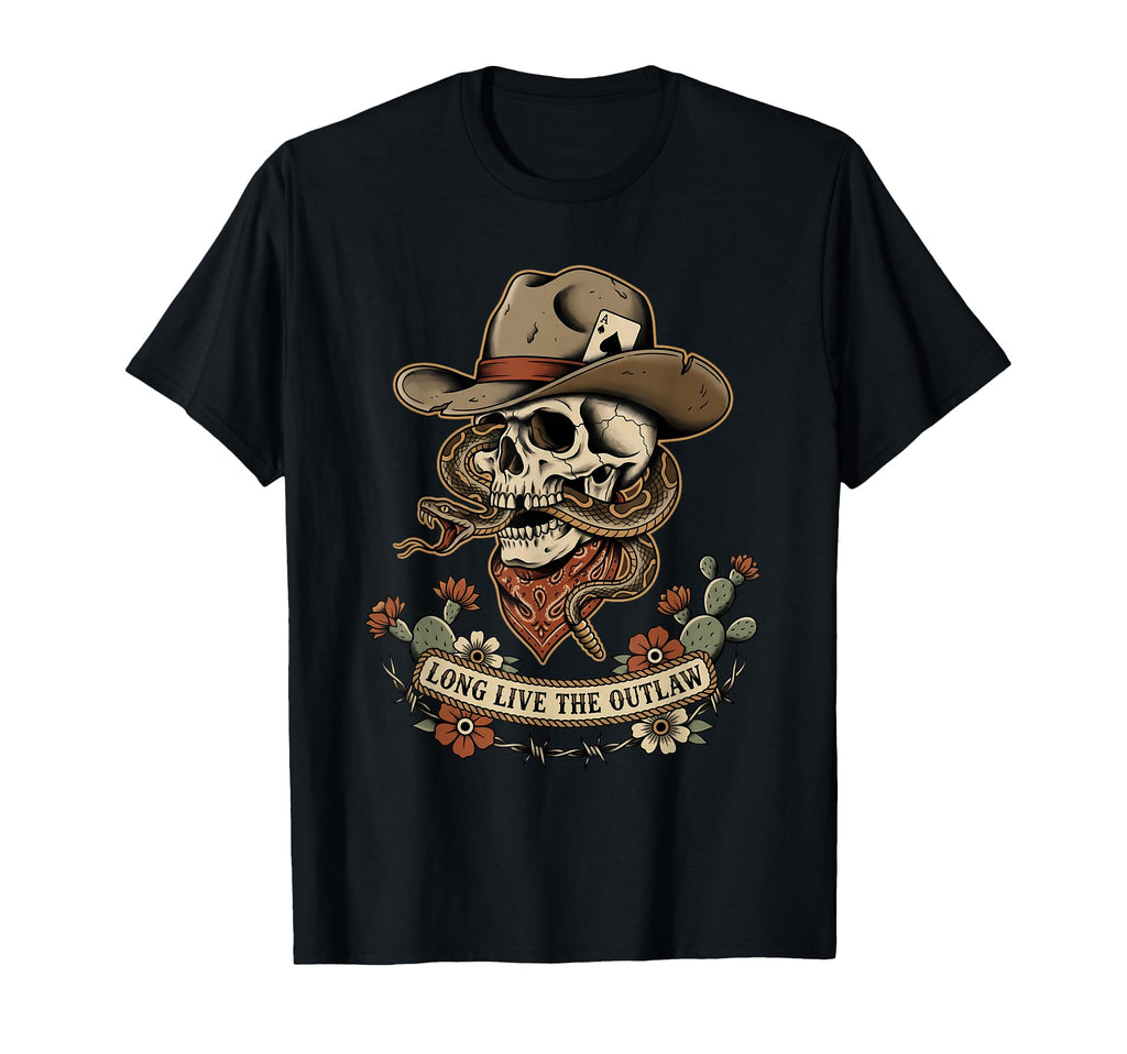Western Gothic Cowboy Skull Outlaw T-Shirt - Minimalist Print for Adults - T-Shirt, Sweatshirt, Hoodie