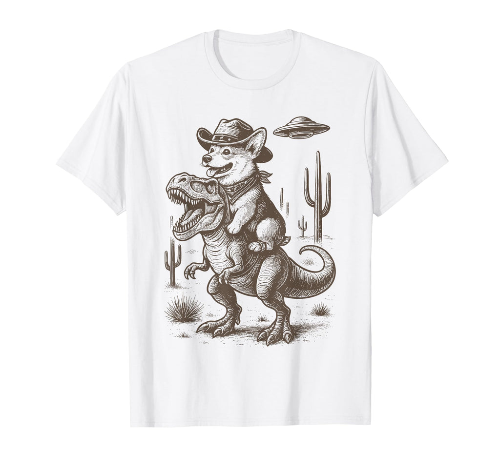 Corgi Riding Dinosaur Cowboy T-Shirt - Graphic Print for Adults - T-Shirt, Sweatshirt, Hoodie