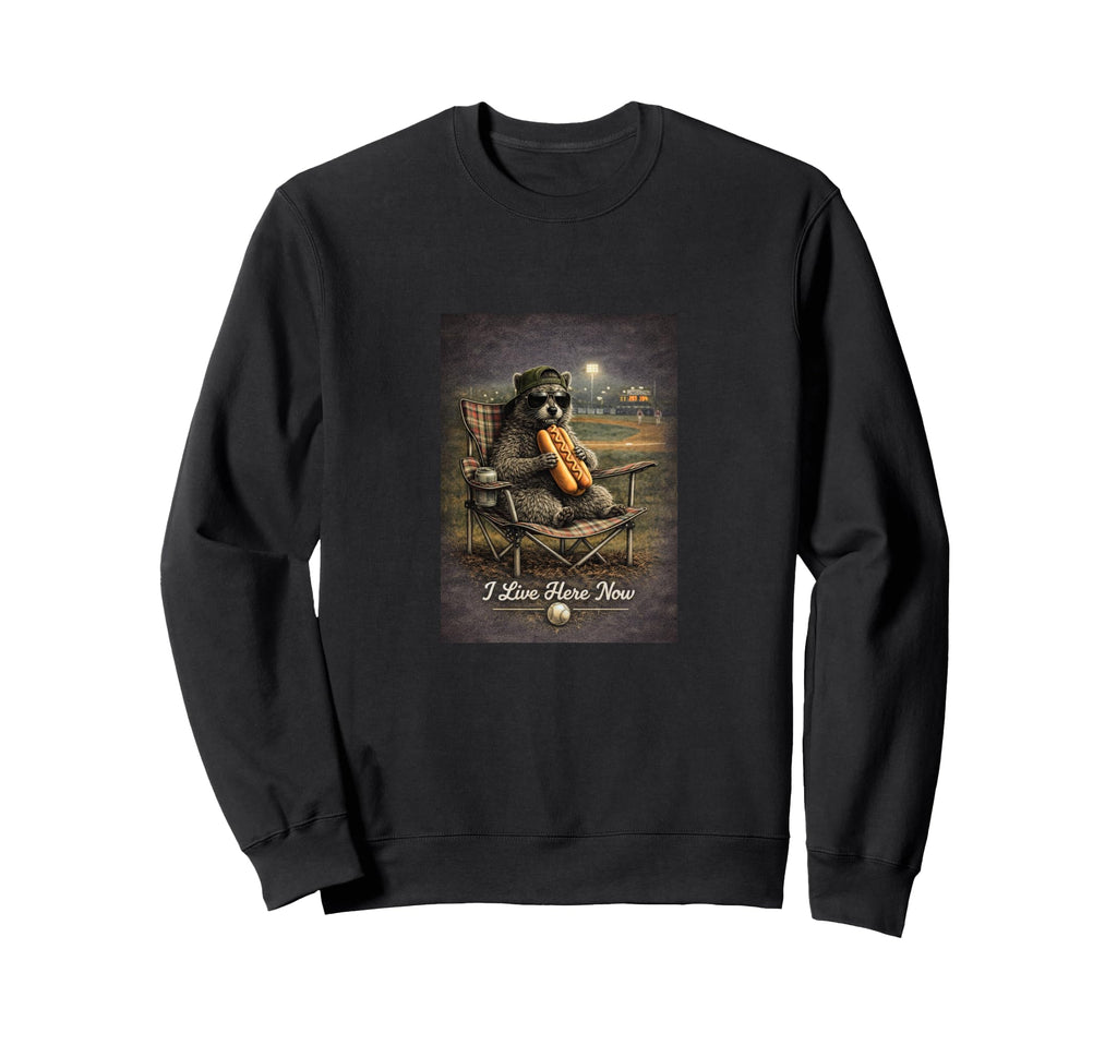 Funny Raccoon Baseball I Live Here Sweatshirt - Unique Graphic for Adults - T-Shirt, Sweatshirt, Hoodie