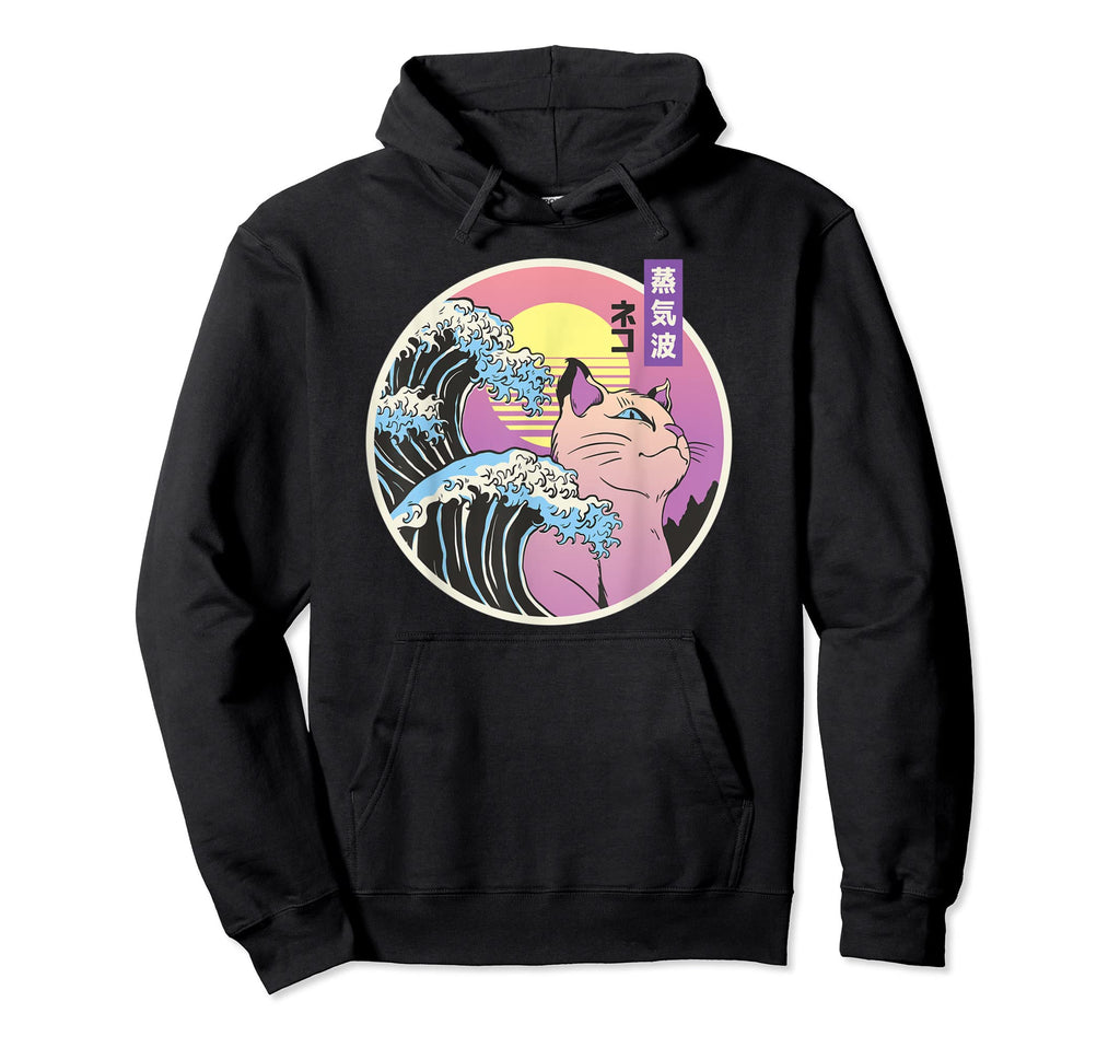 Great Wave Japanese Vaporwave Cat 90S Hoodie - Unique Graphic Unisex - T-Shirt, Sweatshirt, Hoodie