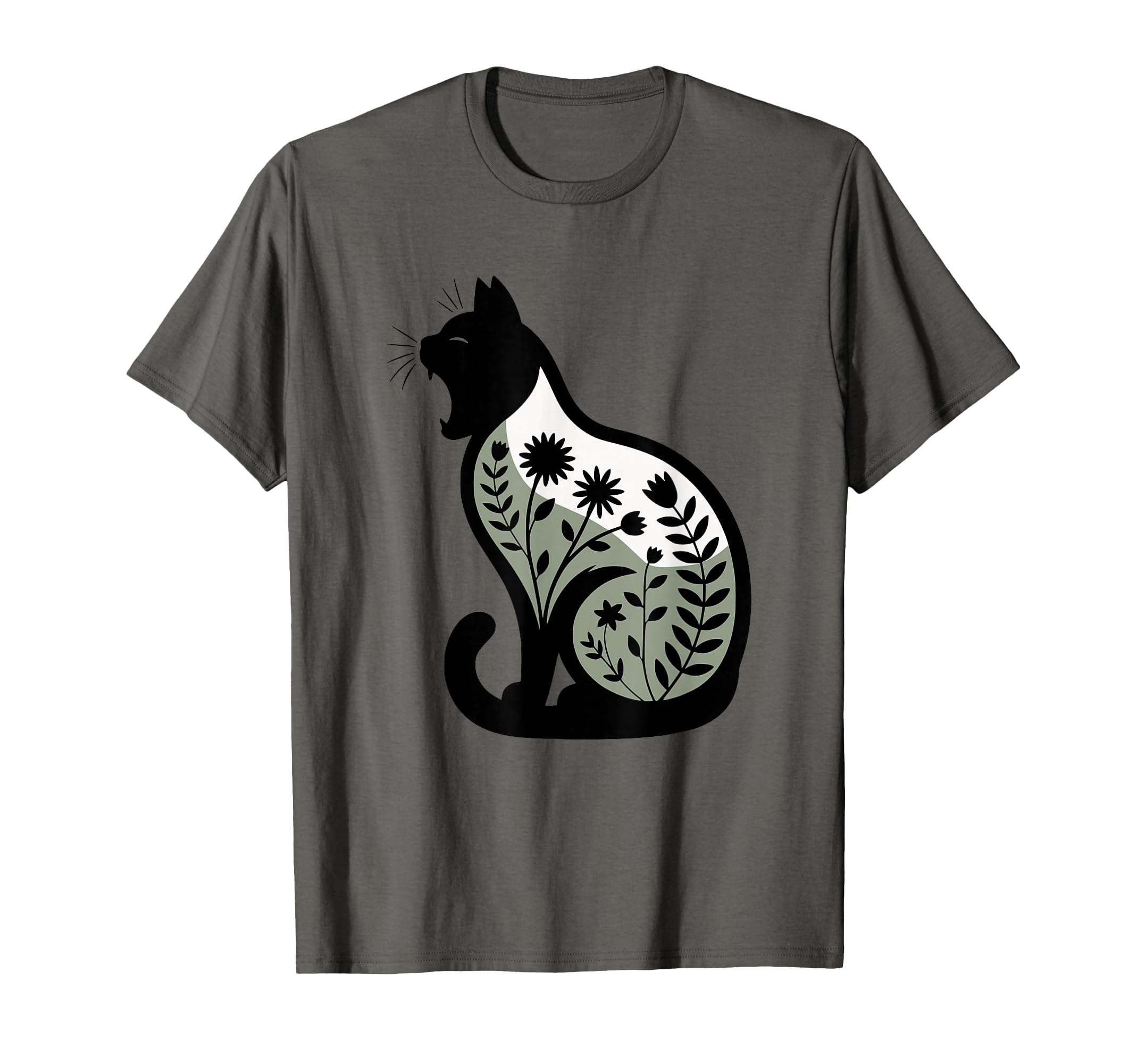 Yawning Cat Silhouette Sunset Floral T-Shirt - Trendy Graphic for Adults - T-Shirt, Sweatshirt, Hoodie