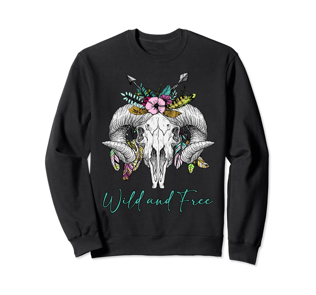 Wild And Free Goat Skull Flowers Sweatshirt - Trendy Graphic Men Women - T-Shirt, Sweatshirt, Hoodie